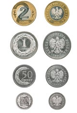 Zloty-Münzen. Adlerflügel auf Münze ähneln dem Bargeld auf dem ÖVP-Kampagnenbild.