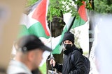 Palästina-Flaggen und verhüllte Demonstranten.