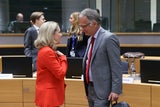 EIB-Präsidentin Nadia Calvino und Finanzminister Markus Marterbauer (SPÖ) am Dienstag, 8. Juli 2025, anl. einer Sitzung des EU-Rats für Wirtschaft und Finanzen (ECOFIN) in Brüssel
