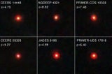 In sechs Bildern des James-Webb-Teleskops sind sogenannte „Kleine Rote Punkte“ im jungen Universum zu sehen. Forschende untersuchen nun, worin sie sich von bekannten Quasaren unterscheiden.&nbsp;