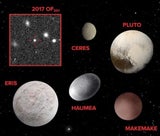 Ein zusammengesetztes Bild zeigt die fünf anerkannten Zwergplaneten im Sonnensystem sowie den neuen Kandidaten 2017 OF201.&nbsp;
