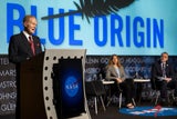 NASA-Chef Bill Nelson verkündet in Washington (USA) am 19. Mai 2023, dass Blue Origin das Landemodul für die Artemis-V-Mondmission entwickeln wird.&nbsp;