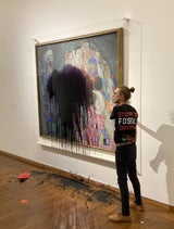 Video: Hier schütten Klima-Aktivisten Farbe auf Klimt-Bild