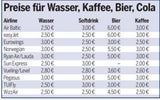 Was Getränke und Snacks bei Billig-Airlines kosten