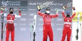 Die ÖSV-Stars Vincent Kriechmayr und Matthias Mayer jubeln mit dem Schweizer Marco Odermatt vom Podest.