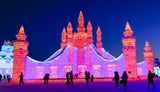 Größtes Eisskulpturen-Festival bestückt Pinguine mit Rucksäcken