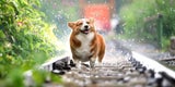 Corgi schüttelt sich Wasser aus dem Fell