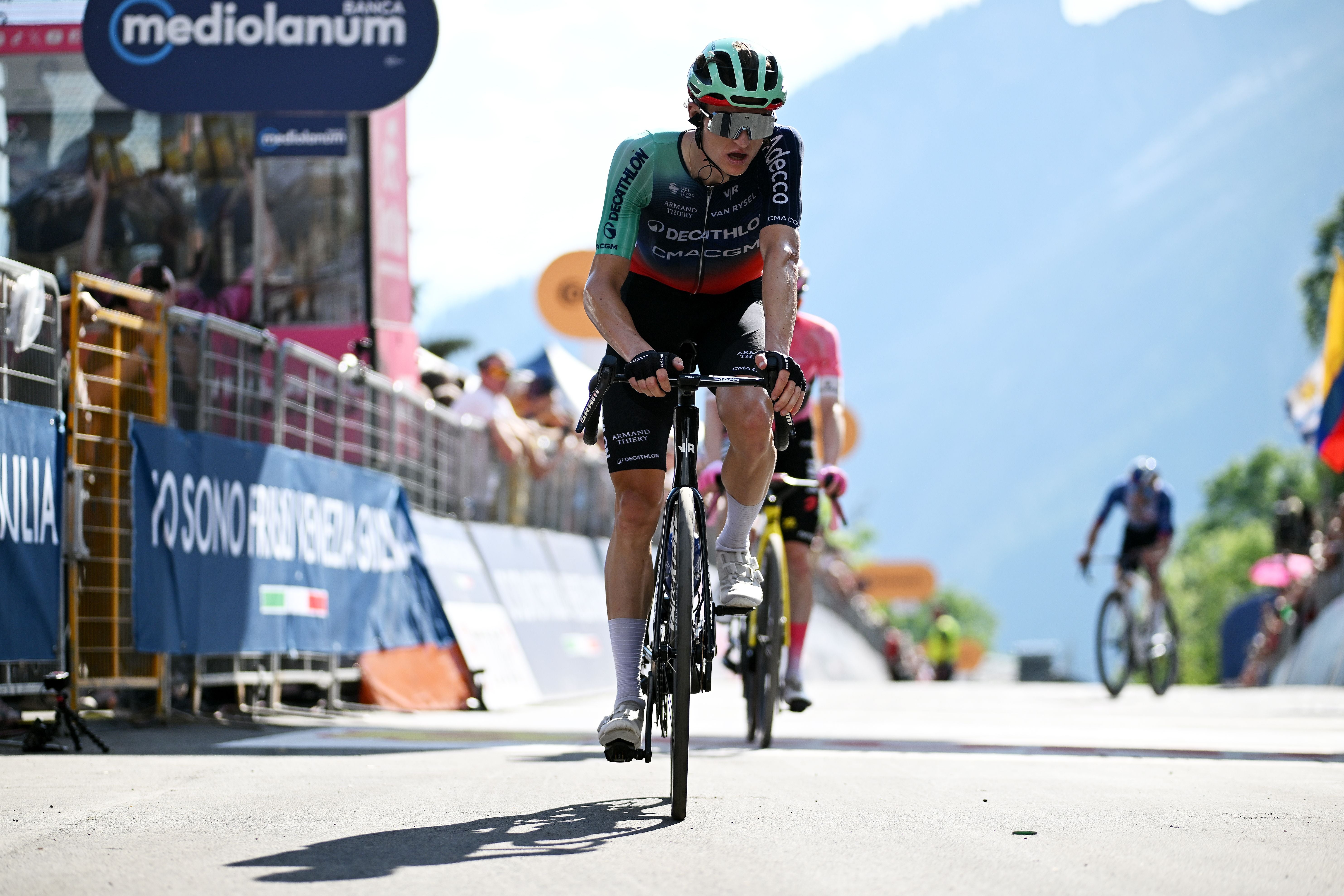 ALLEGHE, ITALY - MAY 29: Felix Gall of Austria and Team Decathlon CMA CGM crosses the finish line during the 109th Giro d'Italia 2026, Stage 19 a 151km stage from Feltre to Alleghe - Piani di Pezze 1467m / #UCIWT / on May 29, 2026 in Alleghe, Italy. (Photo by Tim de Waele/Getty Images)