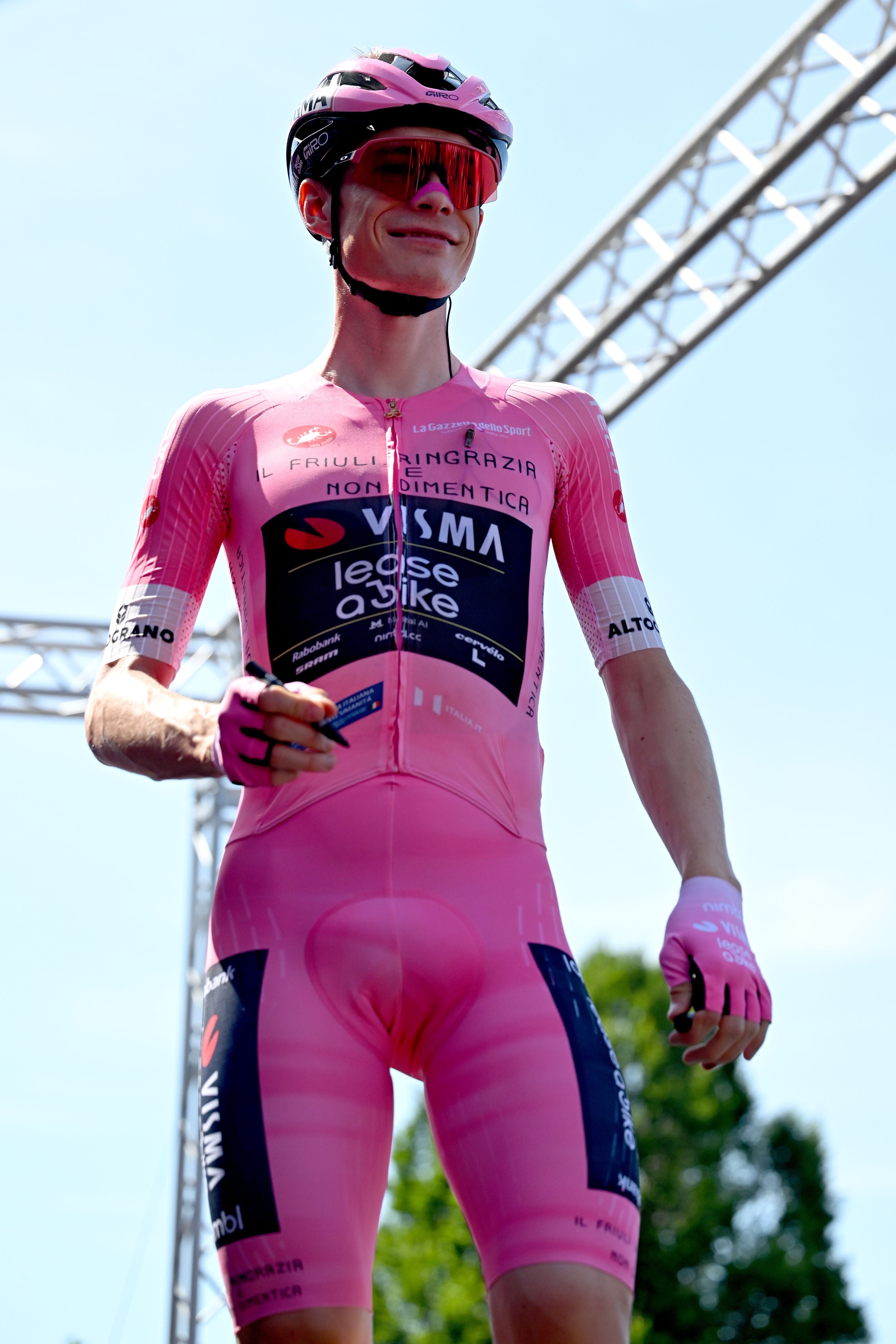 GEMONA DEL FRIULI, ITALY - MAY 30: Jonas Vingegaard of Denmark and Team Visma | Lease a Bike - Pink Leader Jersey prior to the 109th Giro d'Italia 2026, Stage 20 a 200km stage from Gemona del Friuli to Piancavallo 1289m / #UCIWT / on May 30, 2026 in Gemona del Friuli, Italy. (Photo by Tim de Waele/Getty Images)