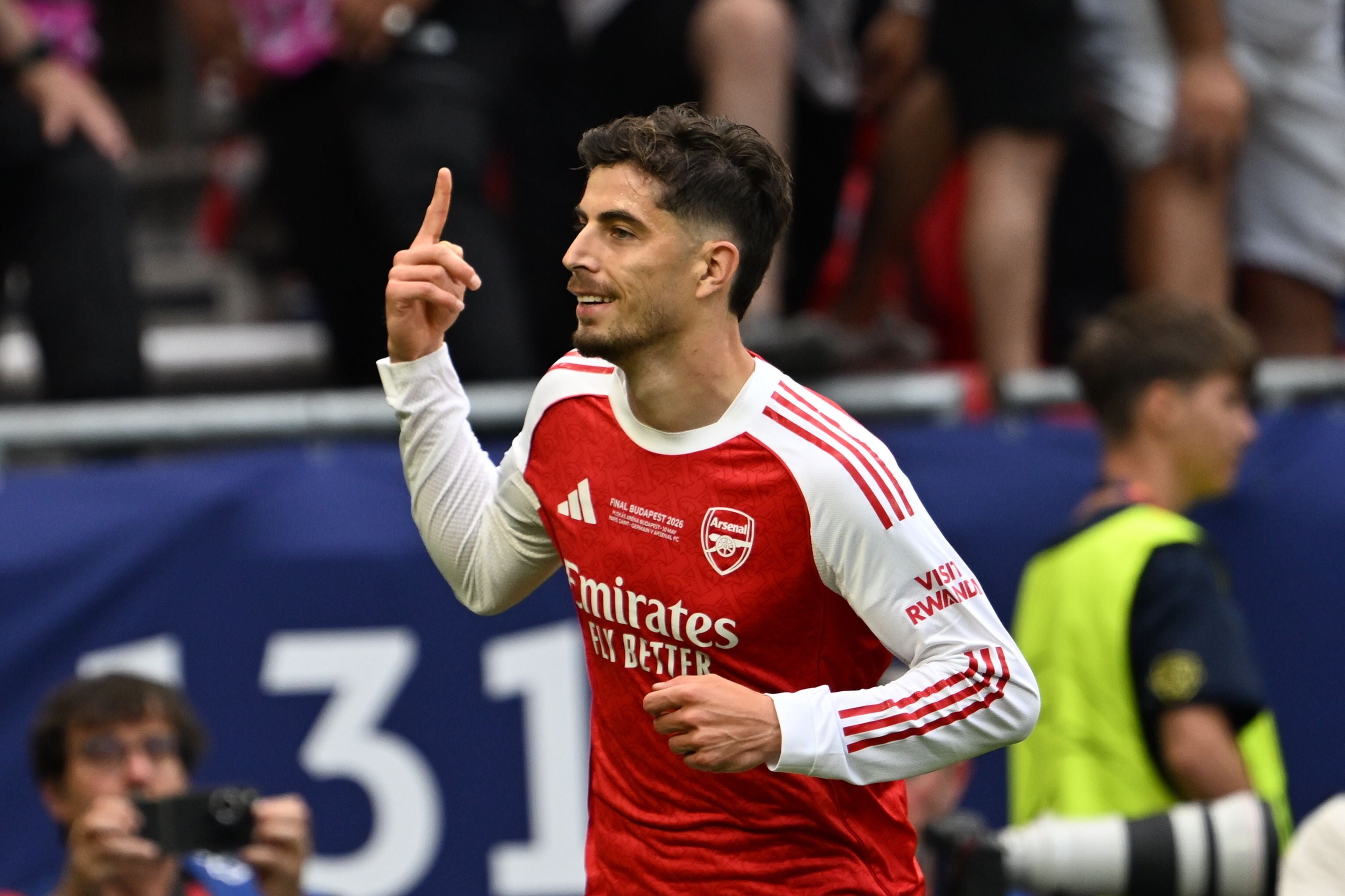 BUDAPEST, HUNGARY - MAY 30: Kai Havertz (29) of Arsenal celebrates after scoring a goal during the UEFA Champions League final match between Paris Saint-Germain (PSG) and Arsenal at Puskas Arena in Budapest, Hungary, on May 30, 2026. (Photo by Halil Sagirkaya/Anadolu via Getty Images)