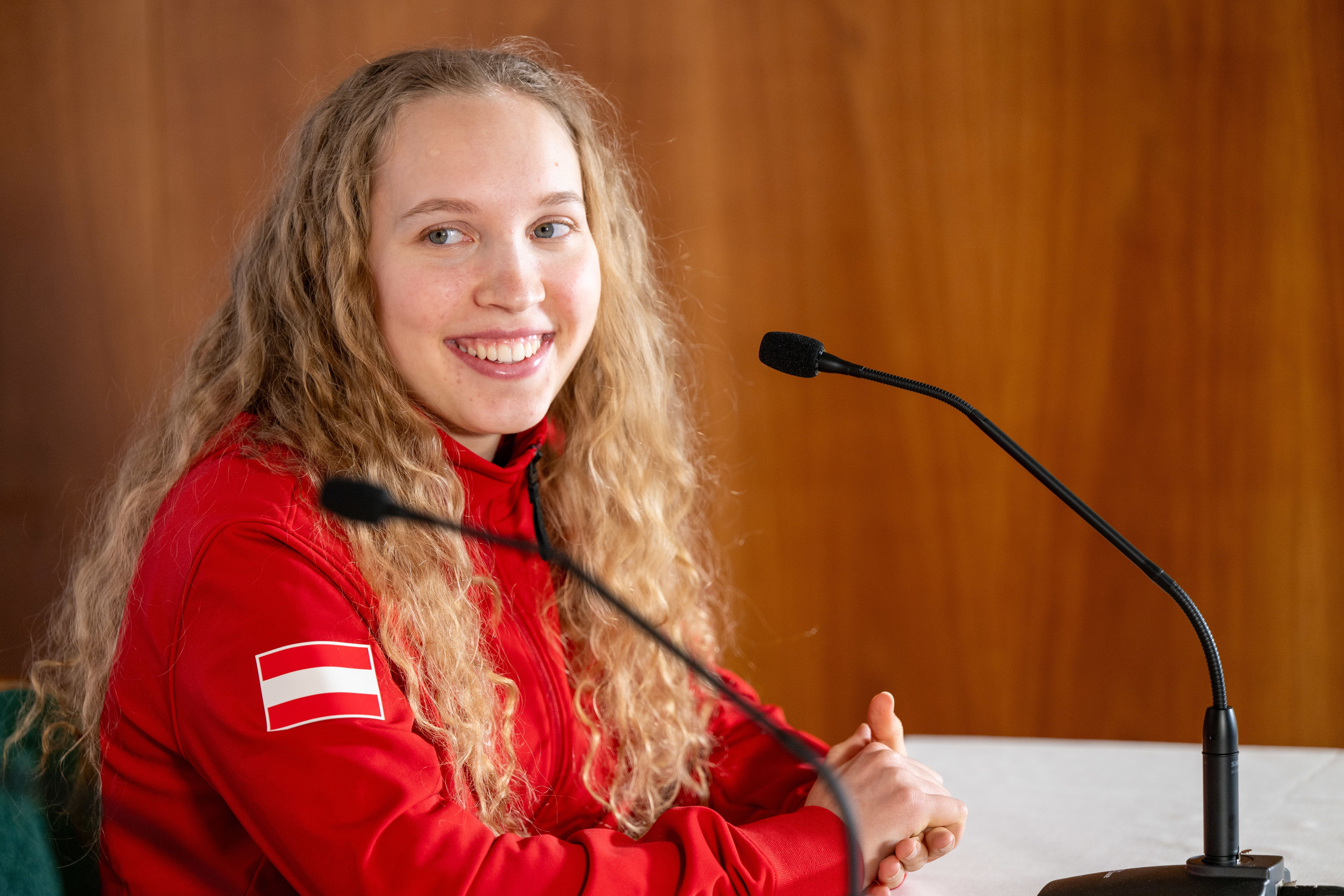 VAL DI FIEMME,ITALY,05.FEB.26 - OLYMPICS, SKI JUMPING - Winter Olympic Games Milano Cortina 2026, preview, Ski Austria, press conference. Image shows Meghann Wadsak (AUT). Photo: GEPA pictures/ Oliver Lerch