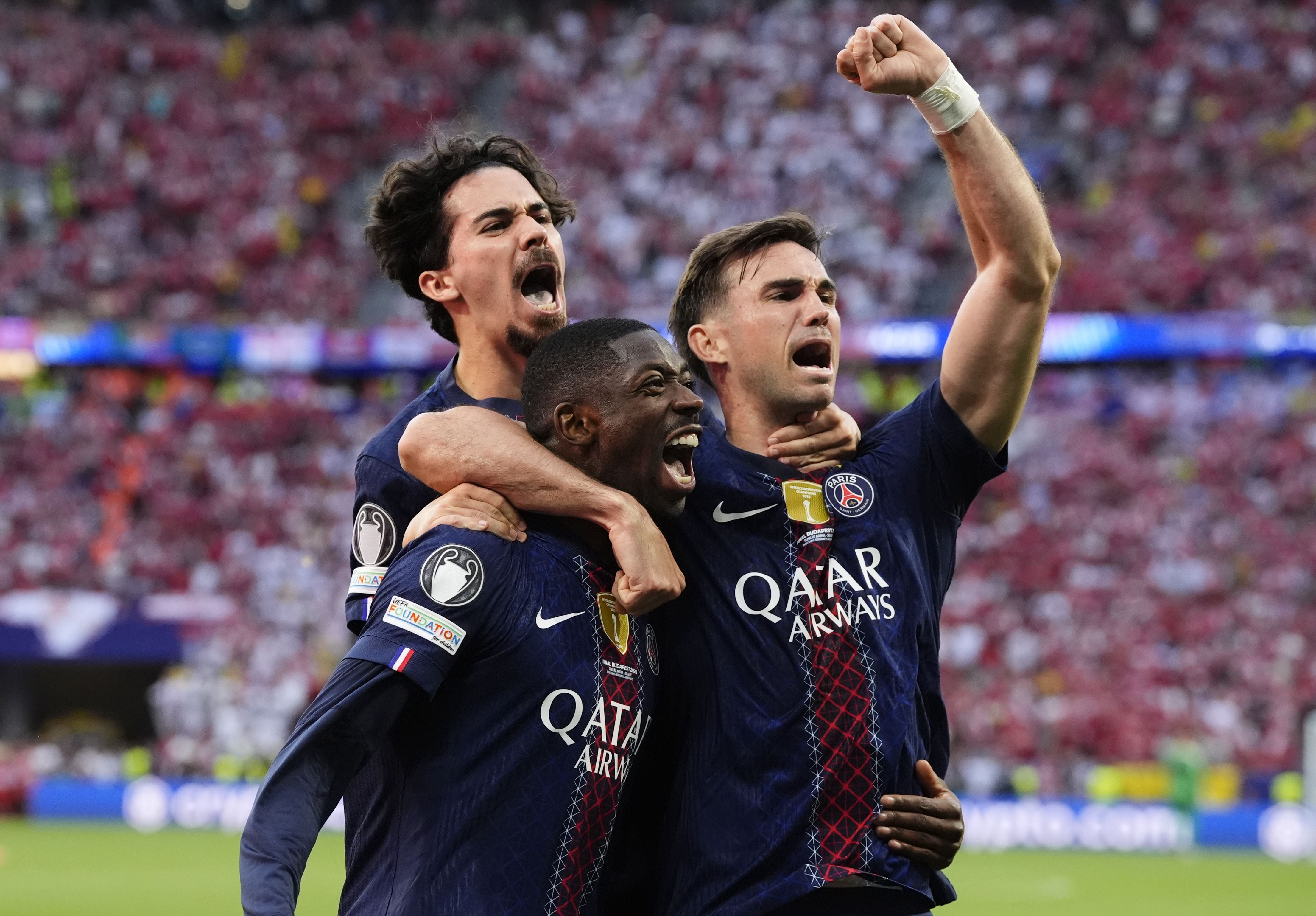 BUDAPEST, HUNGARY - MAY 30: Ousmane Dembele of Paris Saint Germain celebrates 1-1 with Fabian Ruiz of Paris Saint Germain, Vitinha of Paris Saint Germain, Achraf Hakimi of Paris Saint Germain, Marquinhos of Paris Saint Germain during the UEFA Champions League match between Paris Saint Germain v Arsenal at the Puskas Arena on May 30, 2026 in Budapest Hungary (Photo by Rico Brouwer/Soccrates/Getty Images)