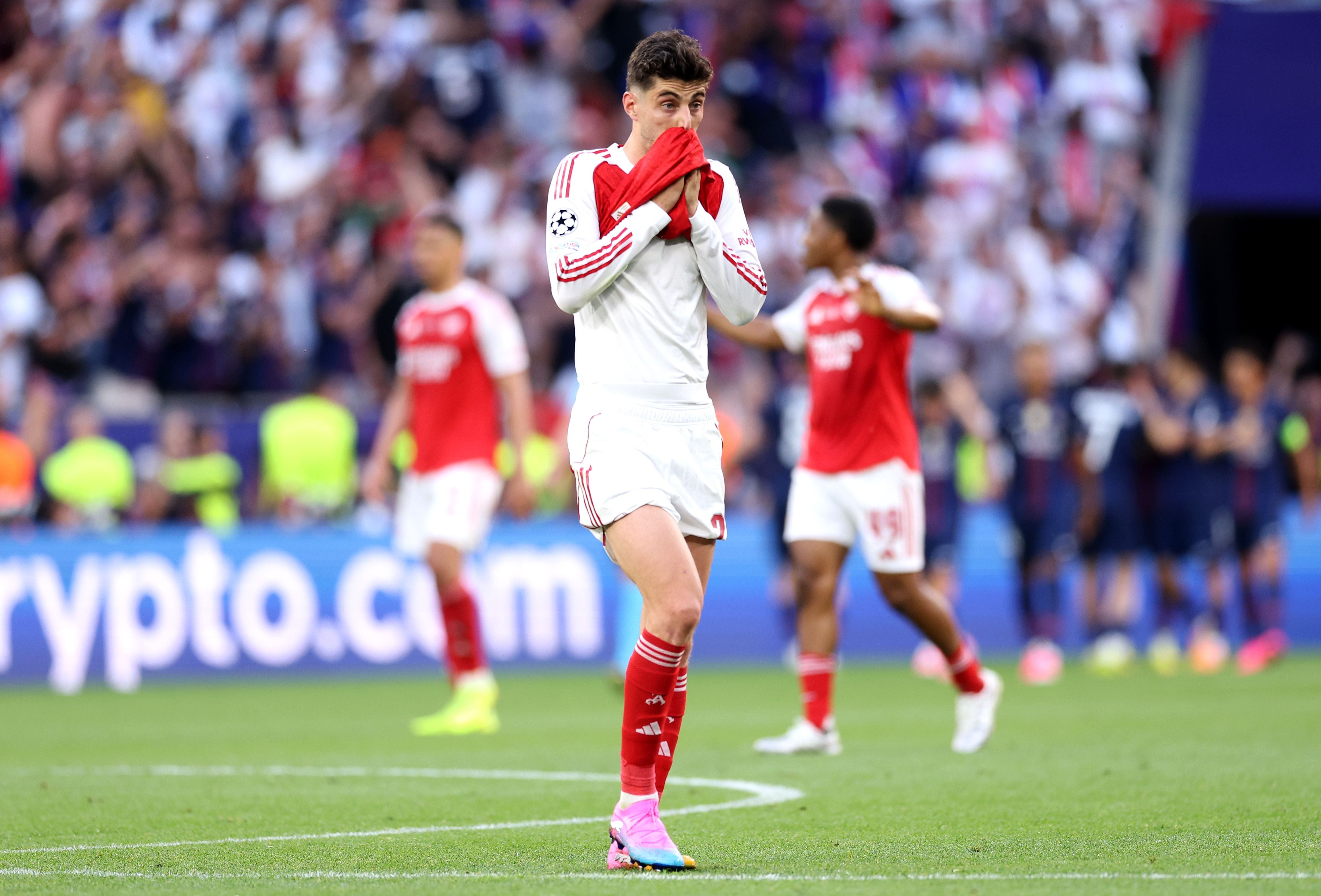 BUDAPEST, HUNGARY - MAY 30: Kai Havertz of Arsenal appears dejected after Ousmane Dembele of Paris Saint-Germain (not pictured) scores his team's first goal during the UEFA Champions League Final 2026 match between Paris Saint-Germain and Arsenal FC at Puskas Arena on May 30, 2026 in Budapest, Hungary. (Photo by Michael Regan - UEFA/UEFA via Getty Images)