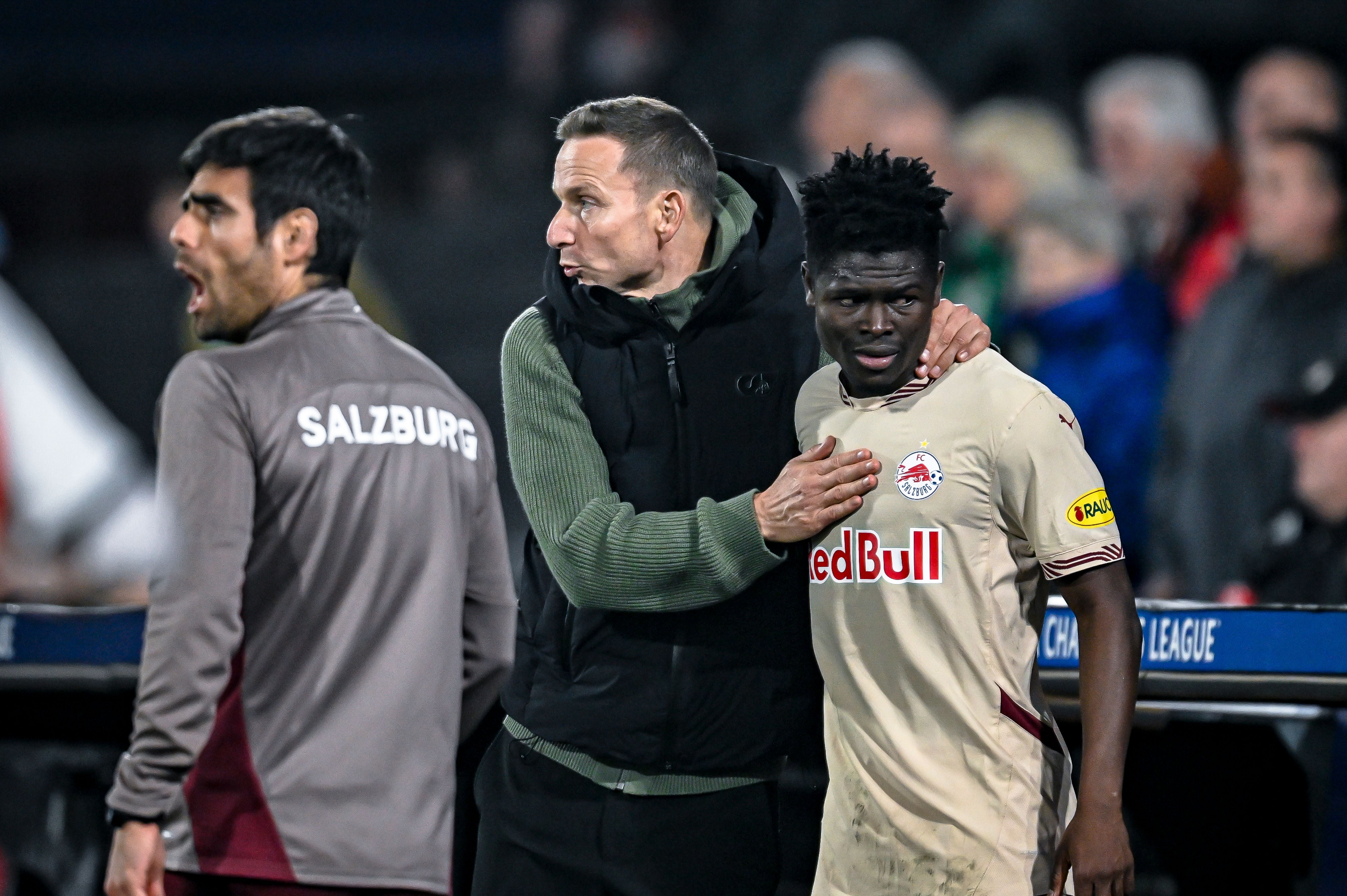 Red Bull Salzburg trainer Pepijn Lijnders and Red Bull Salzburg forward Karim Konate are present during the match between Feyenoord and Salzburg at the Feyenoord stadium De Kuip for the UEFA Champions League - League phase - Matchday 4 of the 2024-2025 season in Rotterdam, Netherlands, on November 6, 2024. (Photo by Stefan Koops / EYE4images) (Photo by EYE4images/NurPhoto via Getty Images)