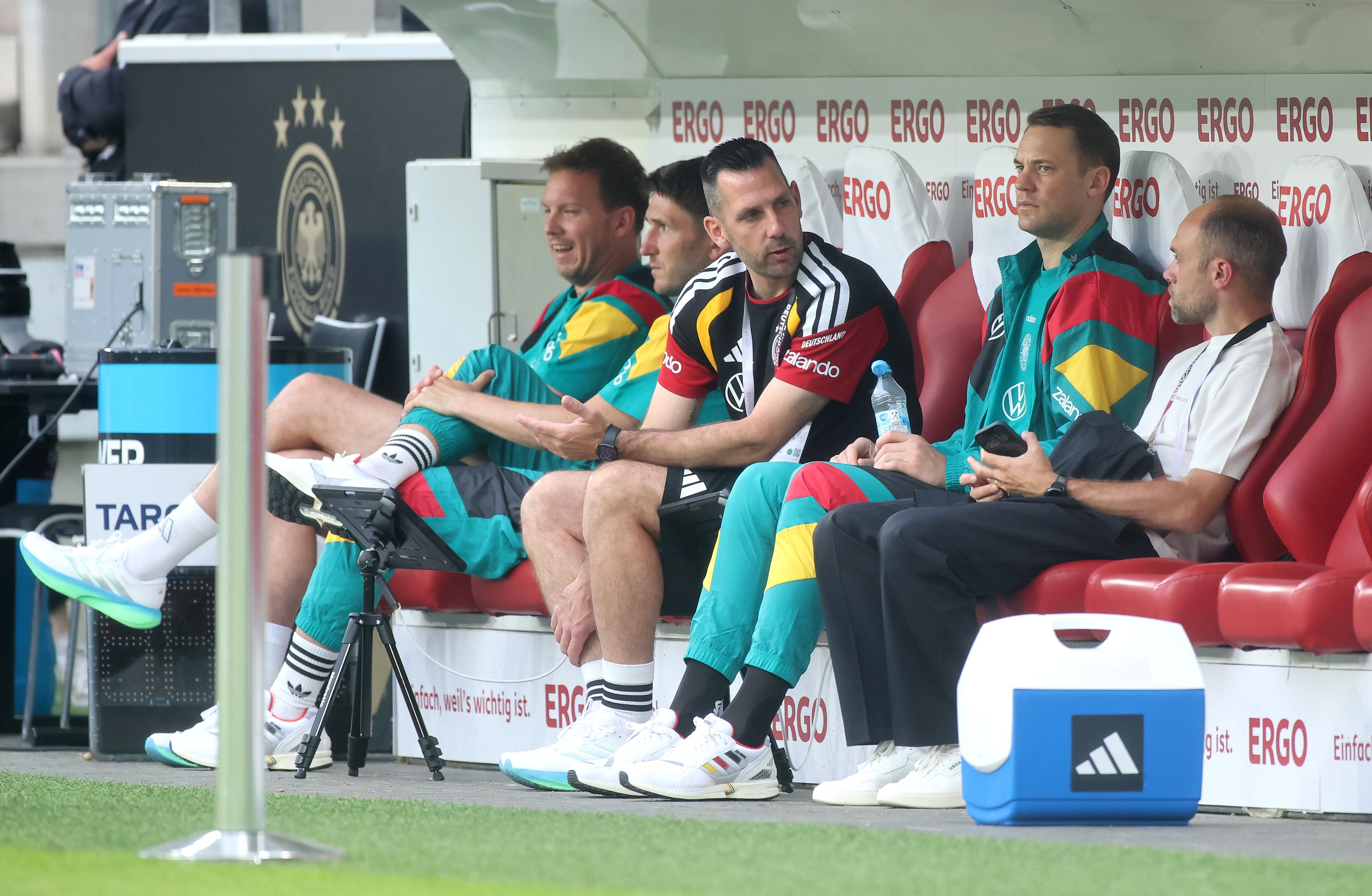 MAINZ, GERMANY - MAY 31: Manuel Neuer of Germany sits on the bench prior to the international friendly match between Germany and Finland at MEWA Arena on May 31, 2026 in Mainz, Germany. (Photo by Alex Grimm/Getty Images)