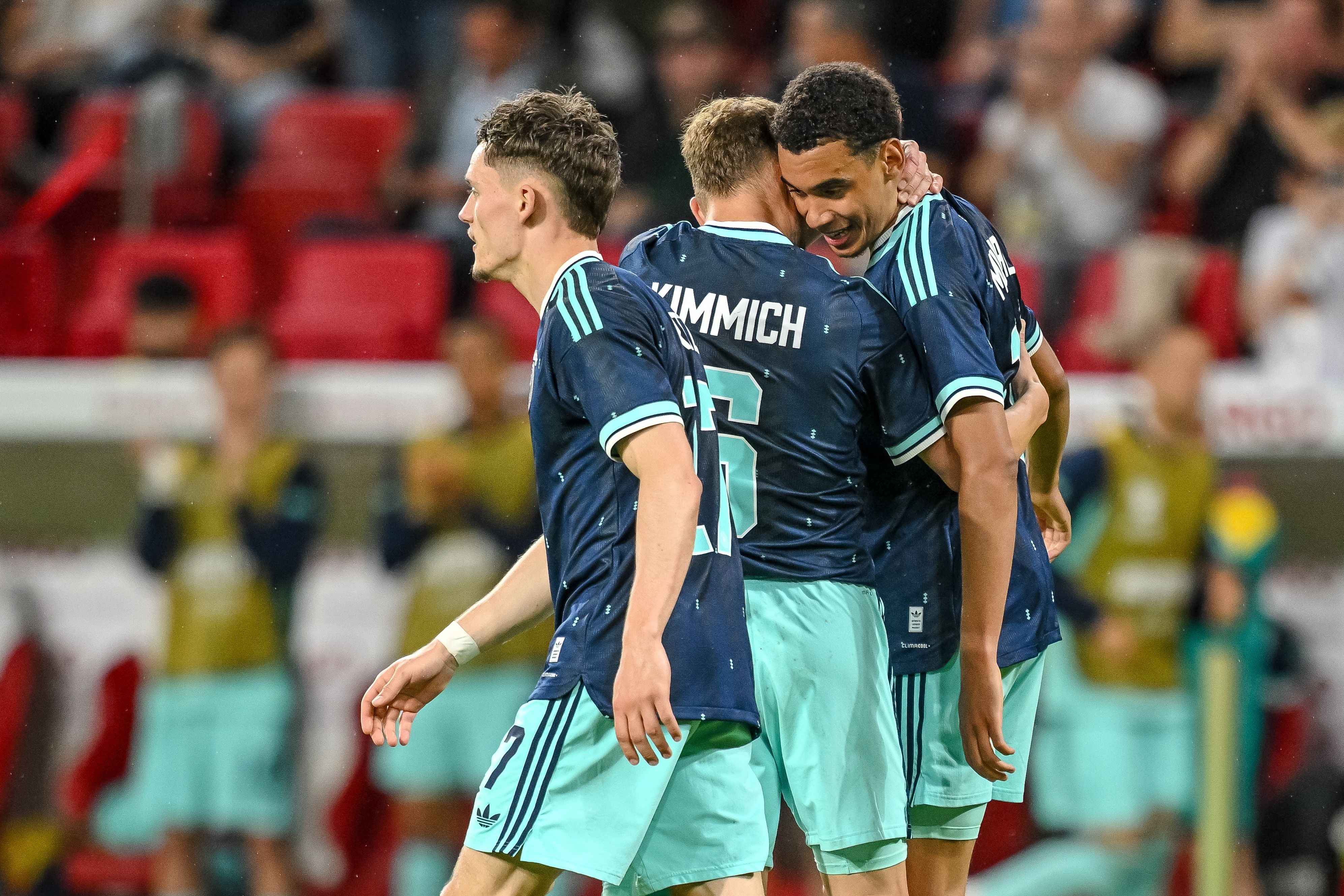Mainz, Germany - May 31: Jamal Musiala of Germany celebrates after scoring his team's fourth goal with teammates during the international friendly match between Germany and Finland at MEWA Arena on May 31, 2026 in Mainz, Germany. (Photo by Harry Langer/DeFodi Images/DeFodi via Getty Images)