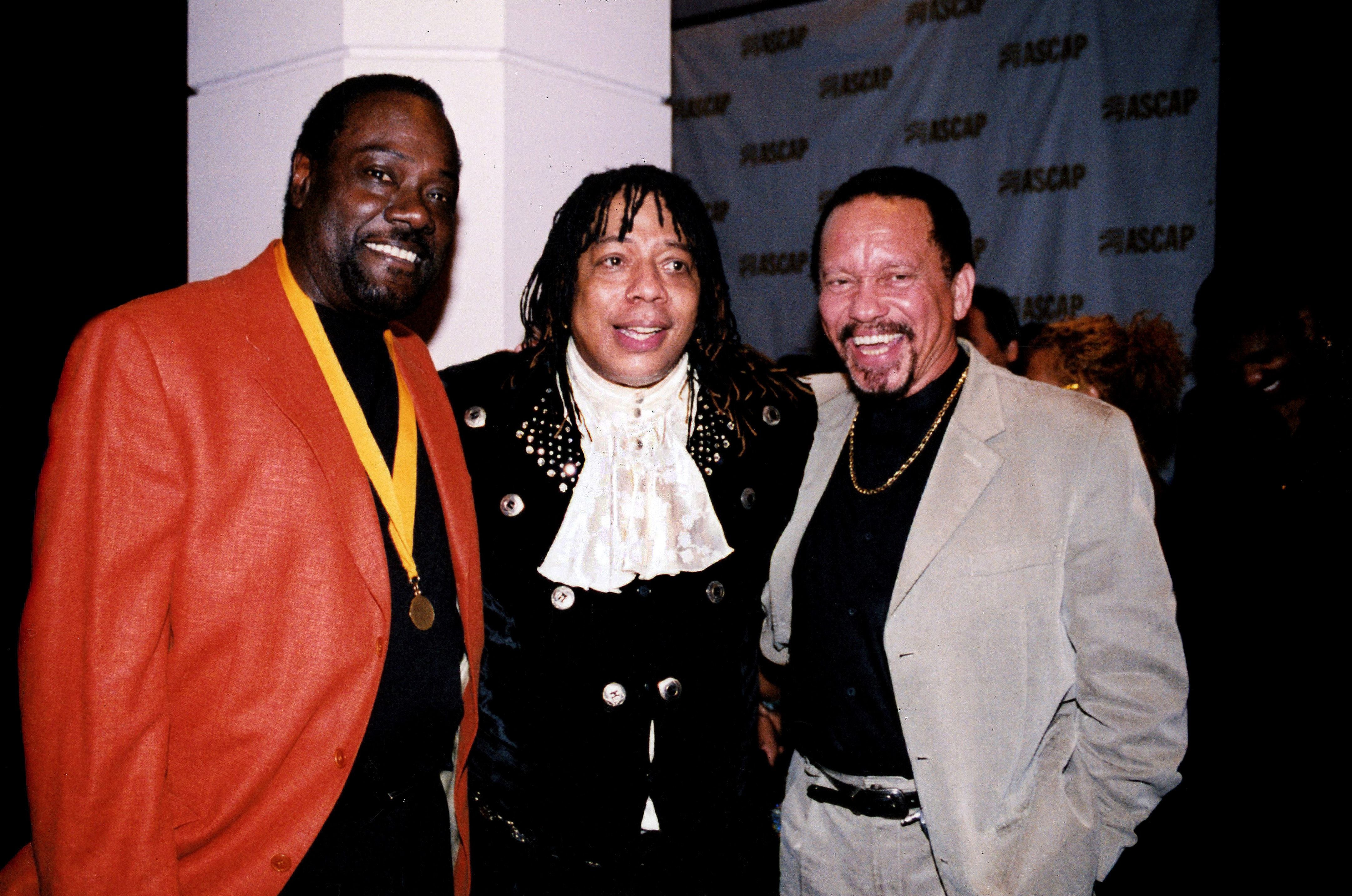 Musicians Ronald LaPread and Milan Williams, formerly of The Commodores poses for photos with fellow musician Rick James (James Ambrose Johnson, Jr.) on the red carpet during the 17th Annual ASCAP Rhythm &amp; Soul Music Awards at the Beverly Hilton Hotel in Los Angeles, California on June 28, 2004. (Photo By Raymond Boyd/Getty Images)