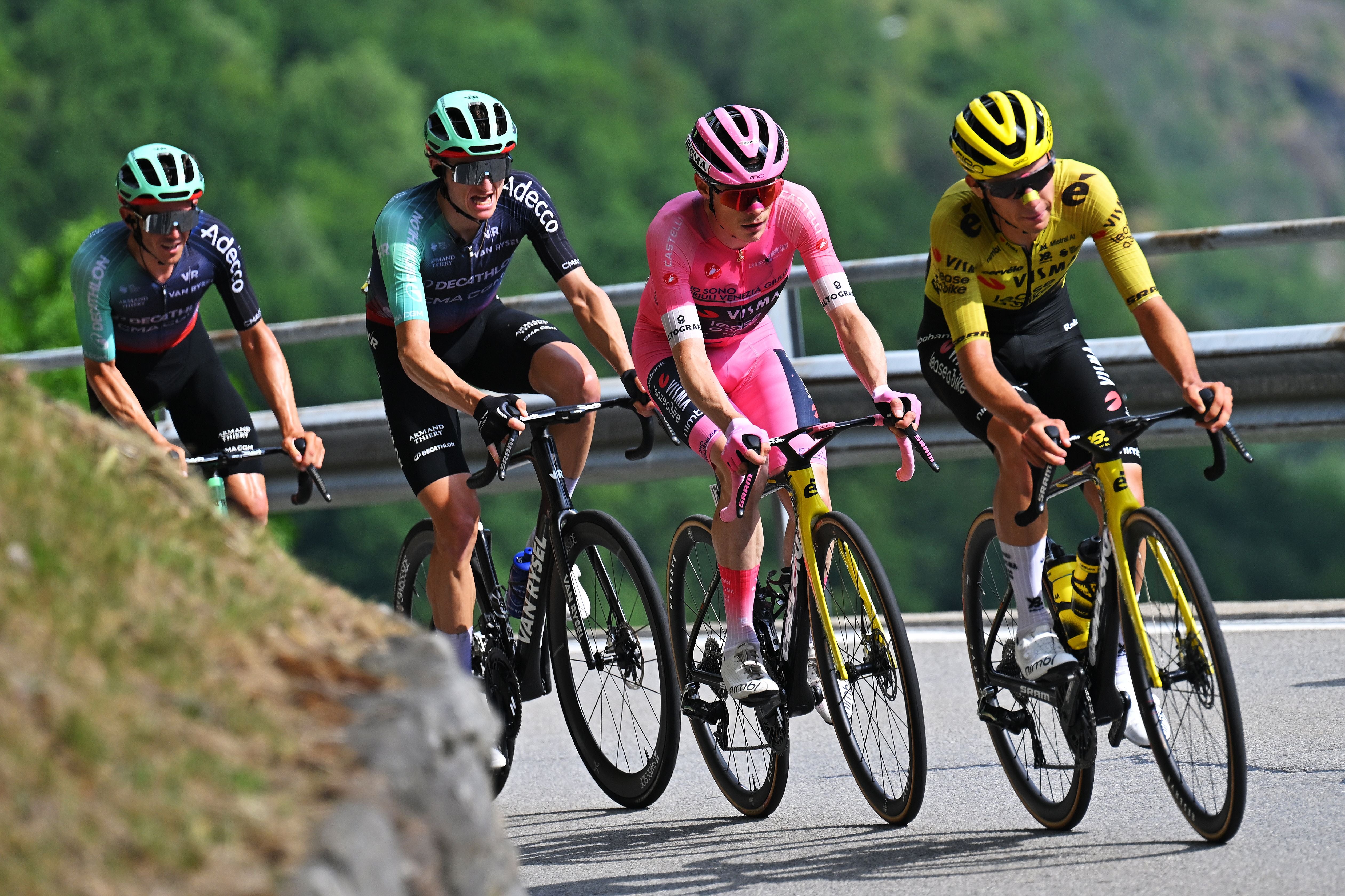 CARI, SWITZERLAND - MAY 26: (L-R) Felix Gall of Austria and Team Decathlon CMA CGM and Jonas Vingegaard of Denmark and Team Visma | Lease a Bike - Pink Leader Jersey competes during the 109th Giro d'Italia 2026, Stage 16 a 113km stage from Bellinzona to Cari 1645m / #UCIWT / on May 26, 2026 in Cari, Switzerland. (Photo by Tim de Waele/Getty Images)