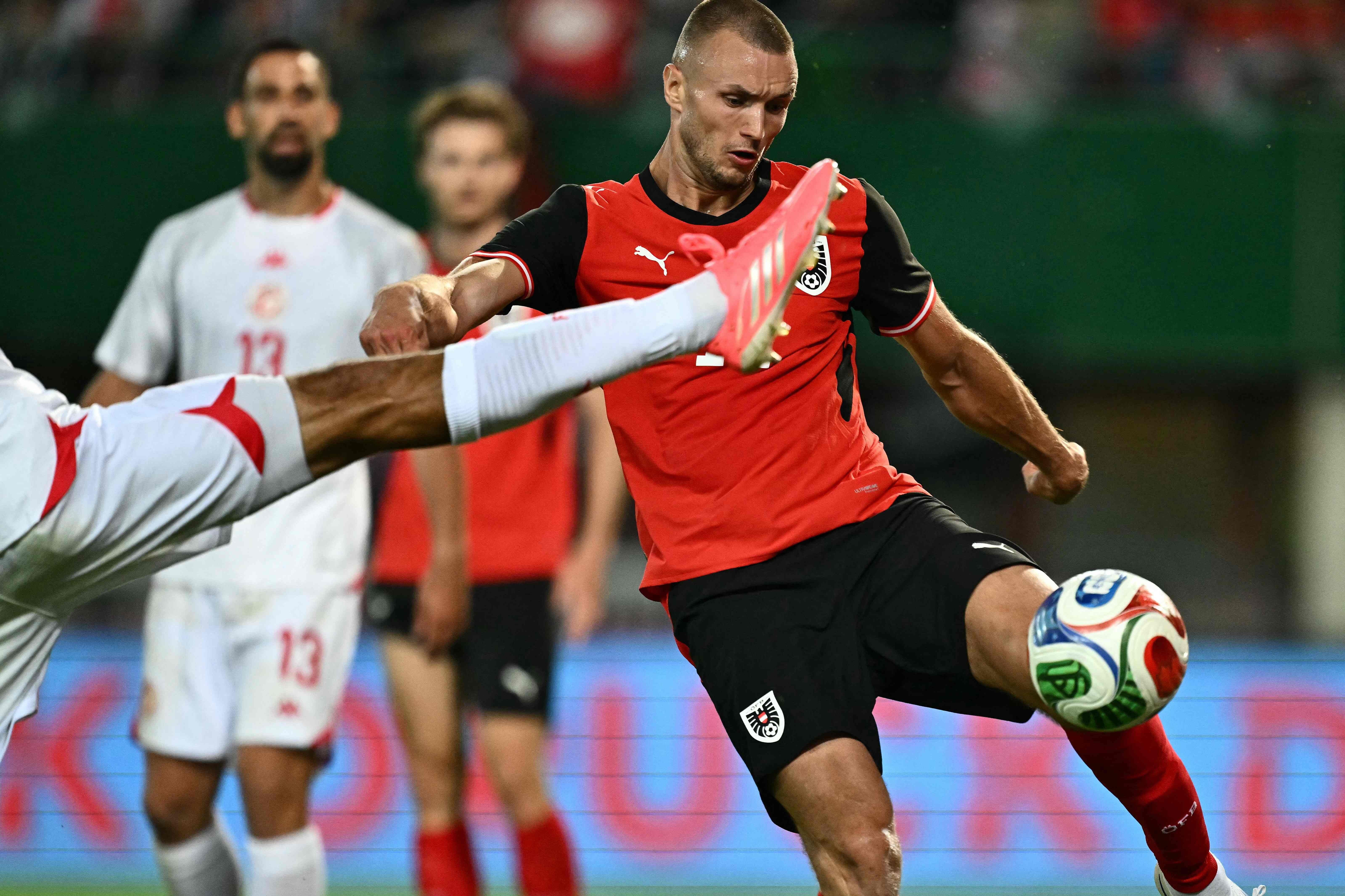 Austria's forward #14 Sasa Kalajdzic plays the ball during the friendly football match between Austria and Tunisia in Vienna, Austria on June 1, 2026 ahead of the 2026 FIFA World Cup football tournament. (Photo by Joe Klamar / AFP)