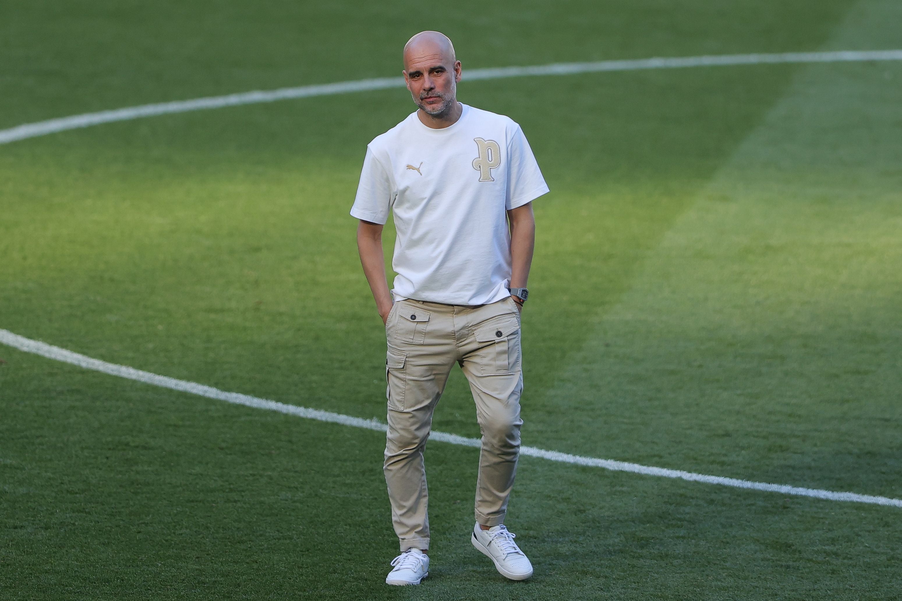 MANCHESTER, ENGLAND - MAY 24: Josep 'Pep' Guardiola, head coach of Manchester City, reacts after the Premier League match between Manchester City and Aston Villa at Etihad Stadium on May 24, 2026 in Manchester, England. (Photo by James Gill - Danehouse/Getty Images)