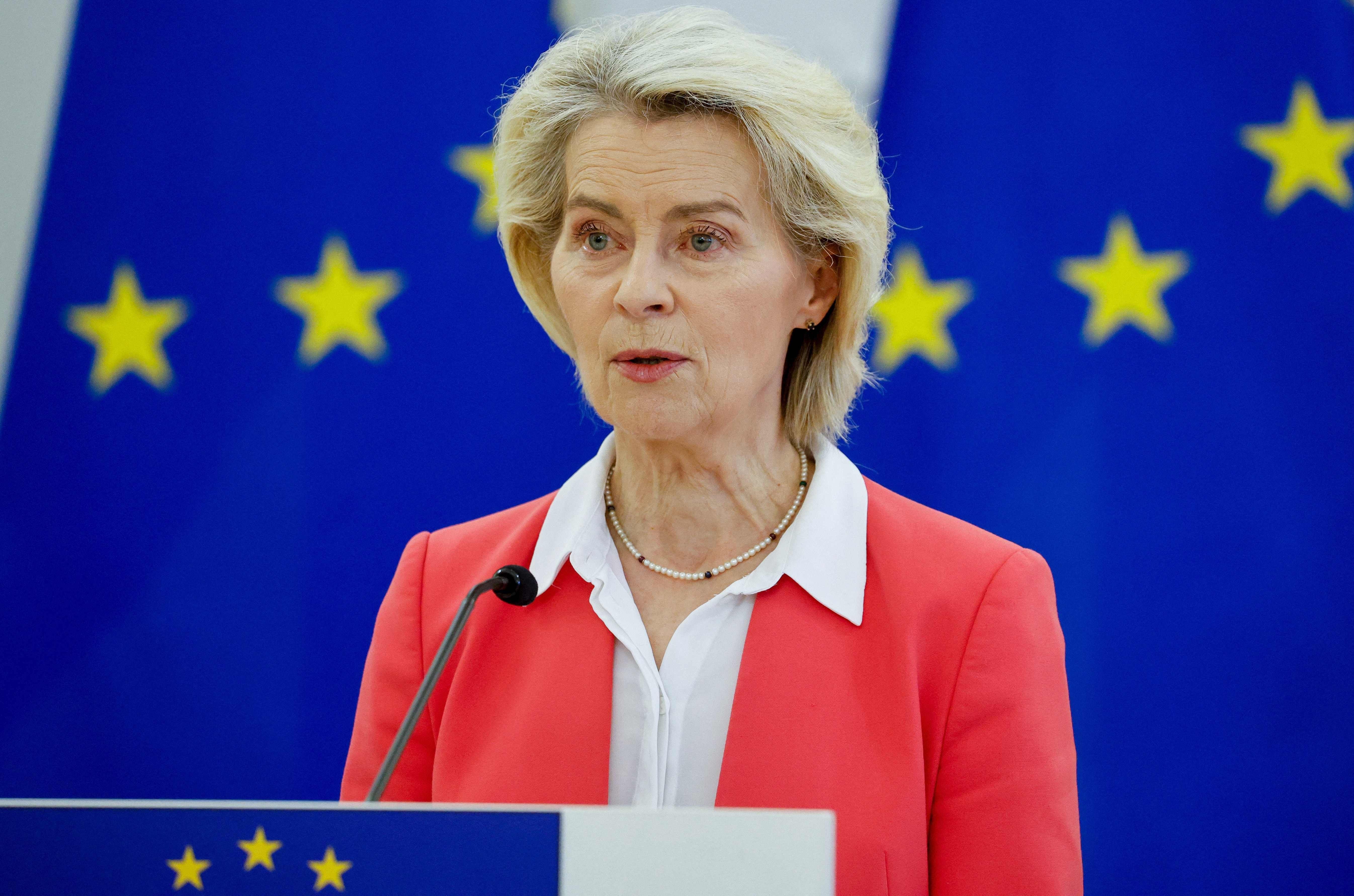 European Commission President Ursula von der Leyen addresses a joint press conference after talks on the security in the region, on May 26, 2026 in Vilnius, Lithuania. (Photo by Petras Malukas / AFP)
