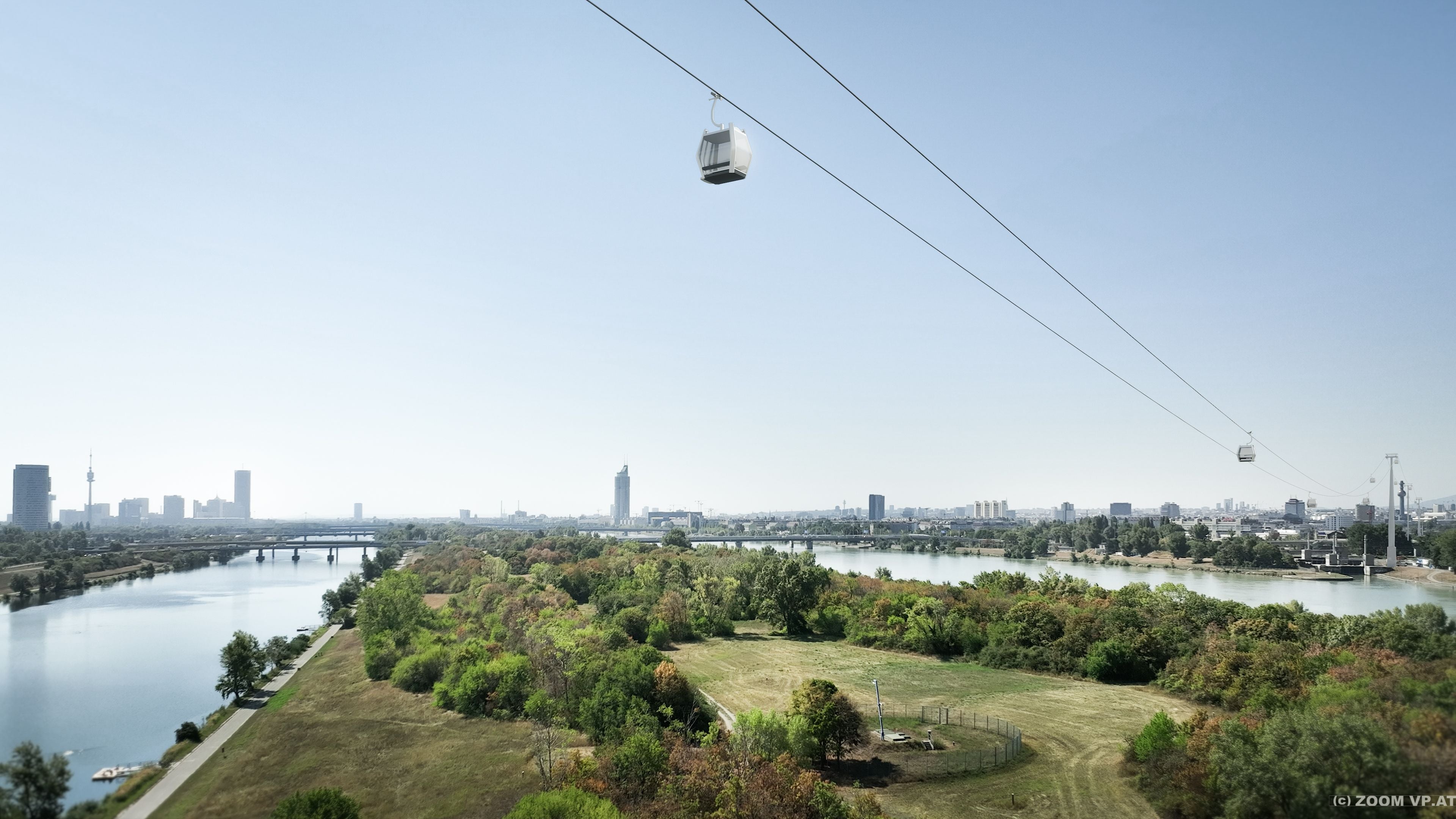 Die Kahlenberg-Seilbahn bei der Überquerung der Donauinsel.
