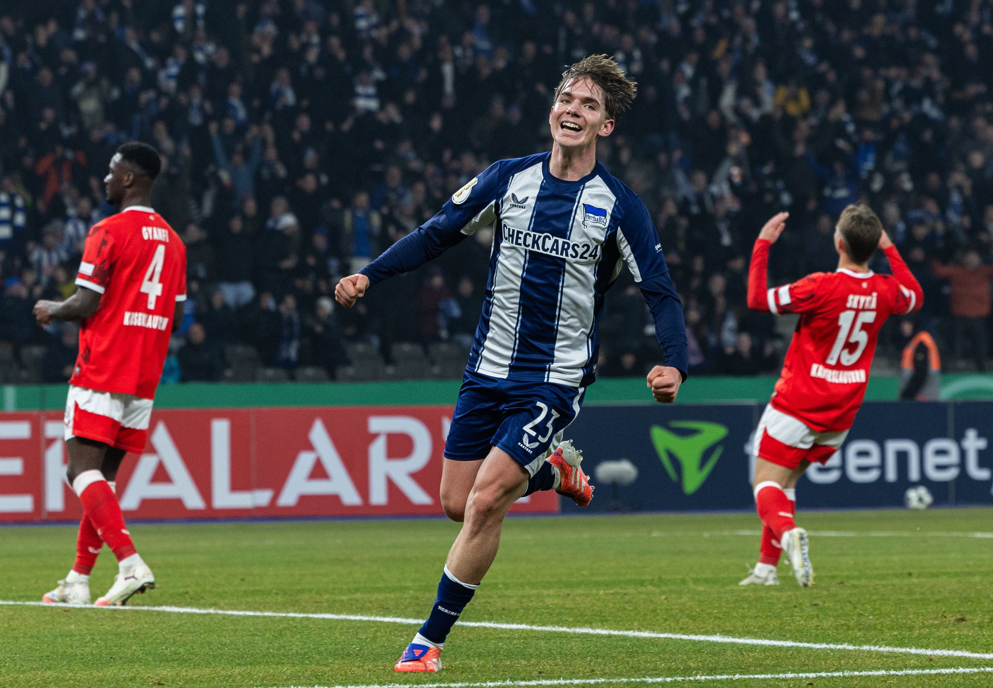 BERLIN, GERMANY - DECEMBER 02: Kennet Eichhorn of Hertha BSC celebrates after scoring his team's third goal during the DFB Cup round of 16 match between Hertha BSC and 1. FC Kaiserslautern at Olympiastadion on December 02, 2025 in Berlin, Germany. (Photo by Boris Streubel/Getty Images)