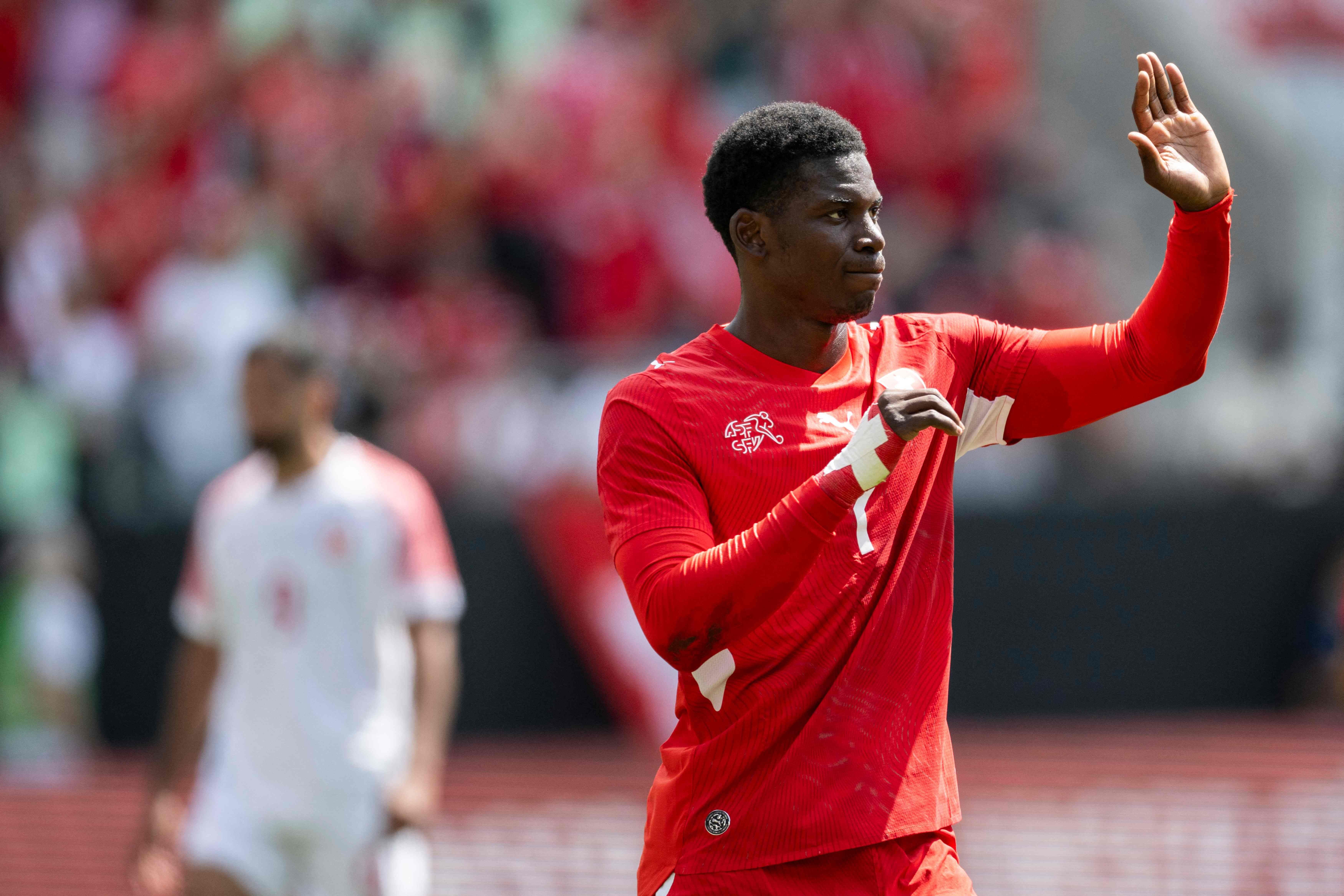 Switzerland's forward #7 Breel Embolo celebrates scoring his team's first goal during a friendly football match between Switzerland and Jordan ahead of the 2026 FIFA World Cup football tournament at the Kybunpark stadium in St. Gallen on May 31, 2026. (Photo by Ennio LEANZA / AFP)
