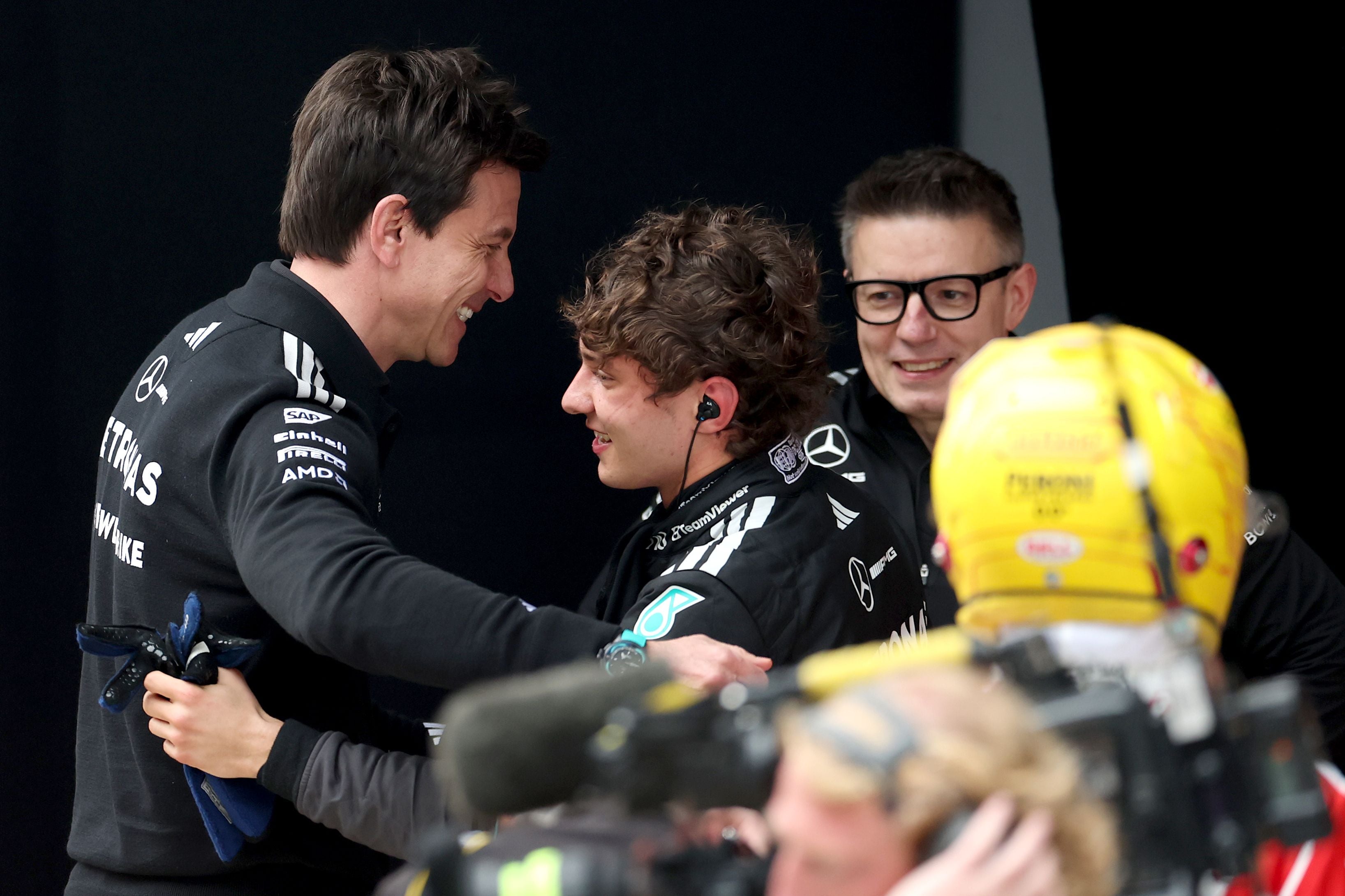 SHANGHAI, CHINA - MARCH 15: Toto Wolff, Executive Director of Mercedes AMG Petronas F1 Team and Race winner Andrea Kimi Antonelli of Italy and Mercedes AMG Petronas F1 Team celebrate in parc ferme during the F1 Grand Prix of China at Shanghai International Circuit on March 15, 2026 in Shanghai, China. (Photo by Dom Gibbons/LAT Images)