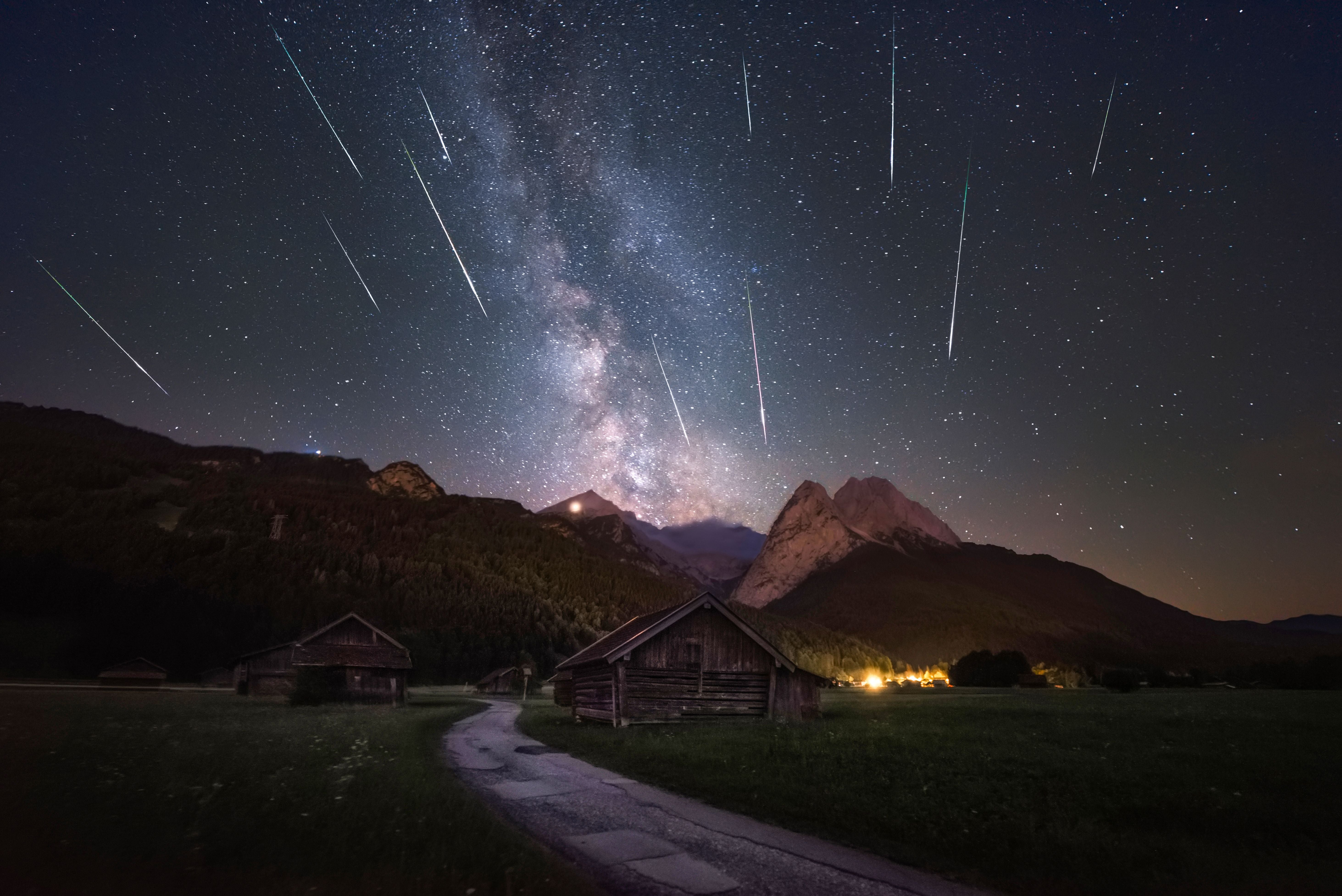 2018 Perseids meteor shower with the Milky way, taken in Garmisch-Partenkirchen in the Alps. Shooting stars are stacked according to their positions in the sky to show the (oppisite) radiant.