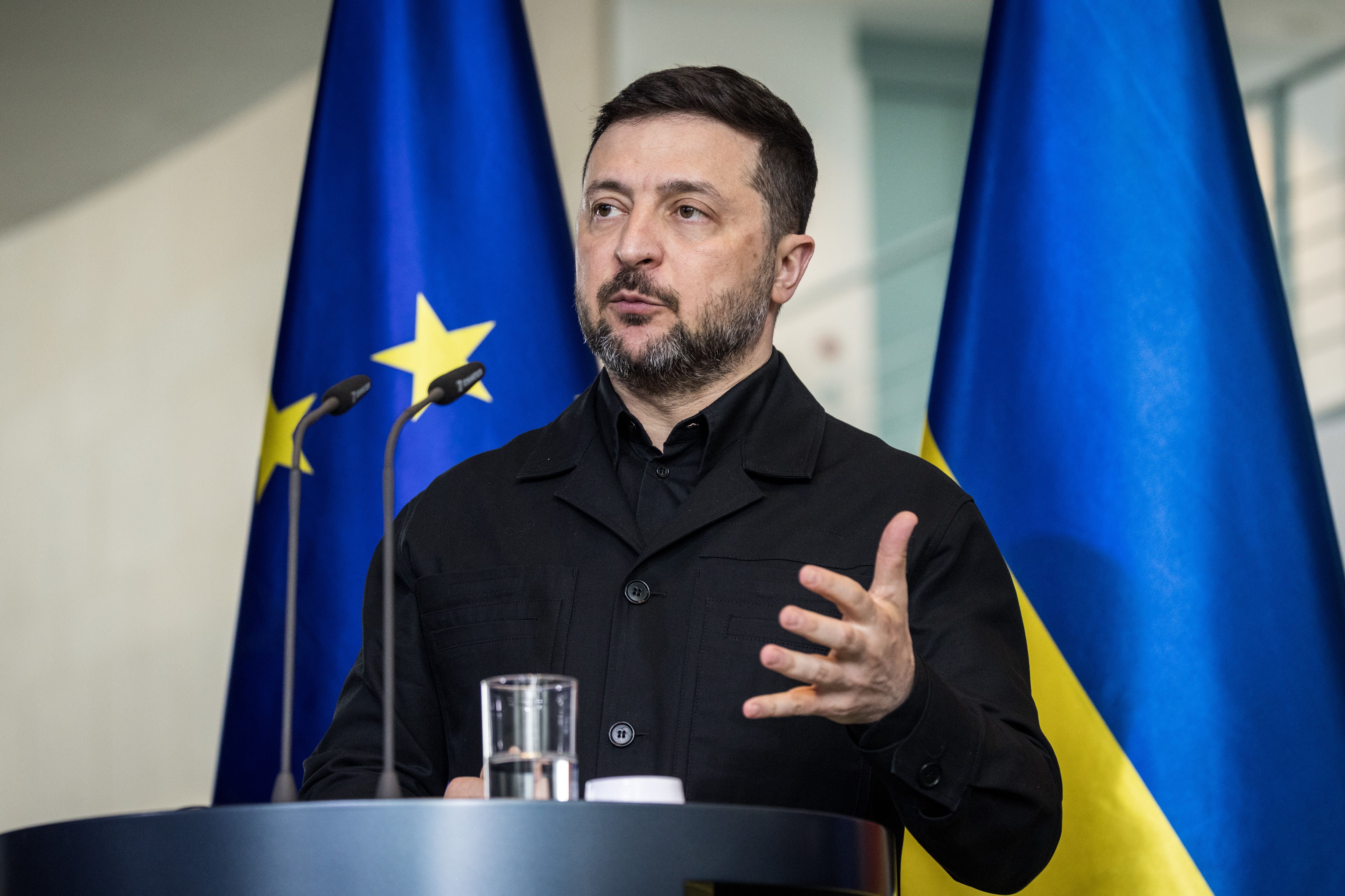BERLIN, GERMANY - APRIL 14: Ukrainian President Volodymyr Zelensky attends a press conference with German Chancellor Friedrich Merz at the Chancellery on April 14, 2026 in Berlin, Germany. The German and Ukrainian governments are meeting at the Chancellery for one day of governmental consultations. (Photo by Nadja Wohlleben/Getty Images)