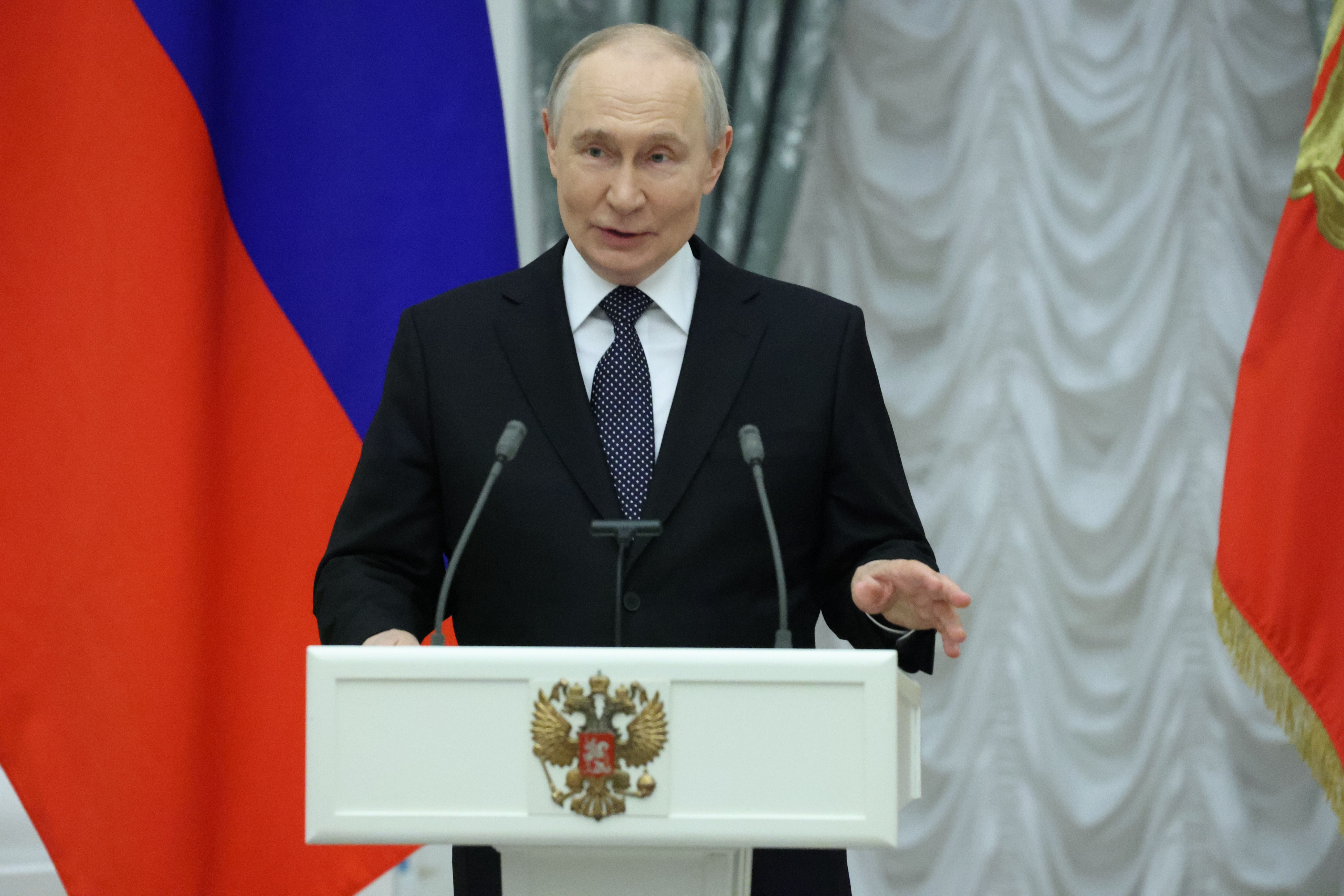 MOSCOW, RUSSIA - MAY 21: Russian President Vladimir Putin speaks during the awarding ceremony, on May 21, 2026 in Moscow, Russia. President Vladimir Putin presented prestigious national awards at the Kremlin, honouring outstanding Russian citizens who have distinguished themselves in their respective fields. (Photo by Contributor/Getty Images)