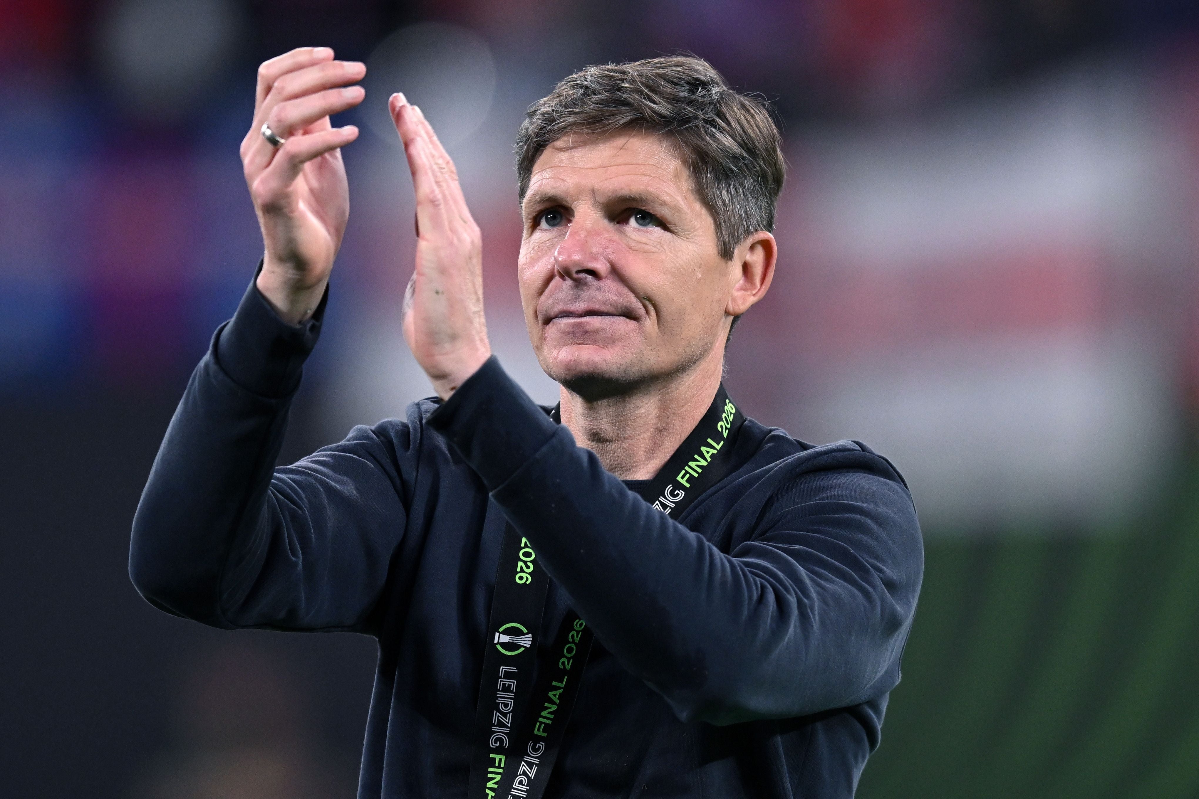 LEIPZIG, GERMANY - MAY 27: Oliver Glasner of Crystal Palace celebrates at the end of the UEFA Conference League Final 2026 match between Crystal Palace FC and Rayo Vallecano de Madrid at Football Arena Leipzig on May 27, 2026 in Leipzig, Germany. (Photo by Image Photo Agency/Getty Images)