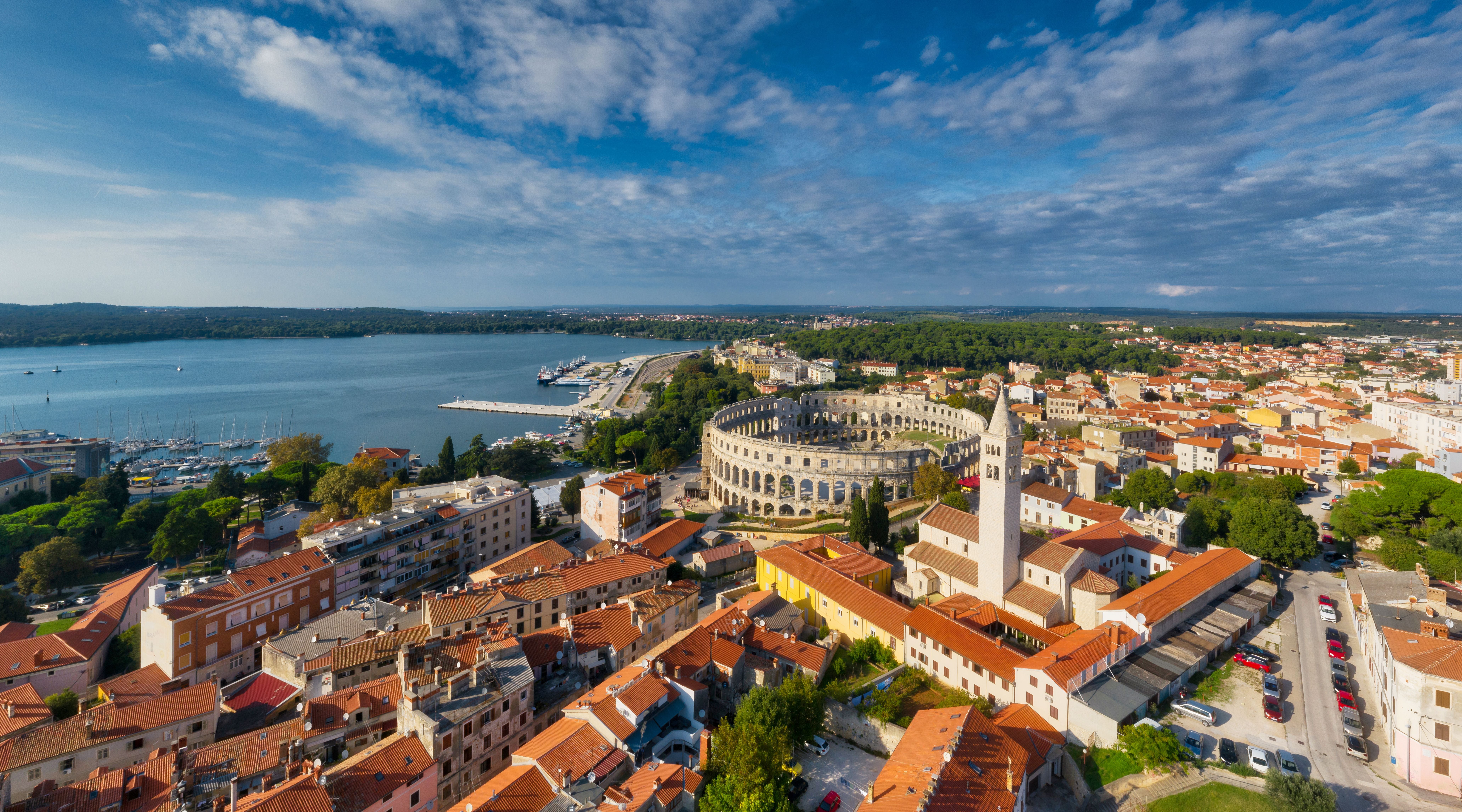 Aerial Drone Sunset Scene of Pula Arena Amphitheatre, Croatia