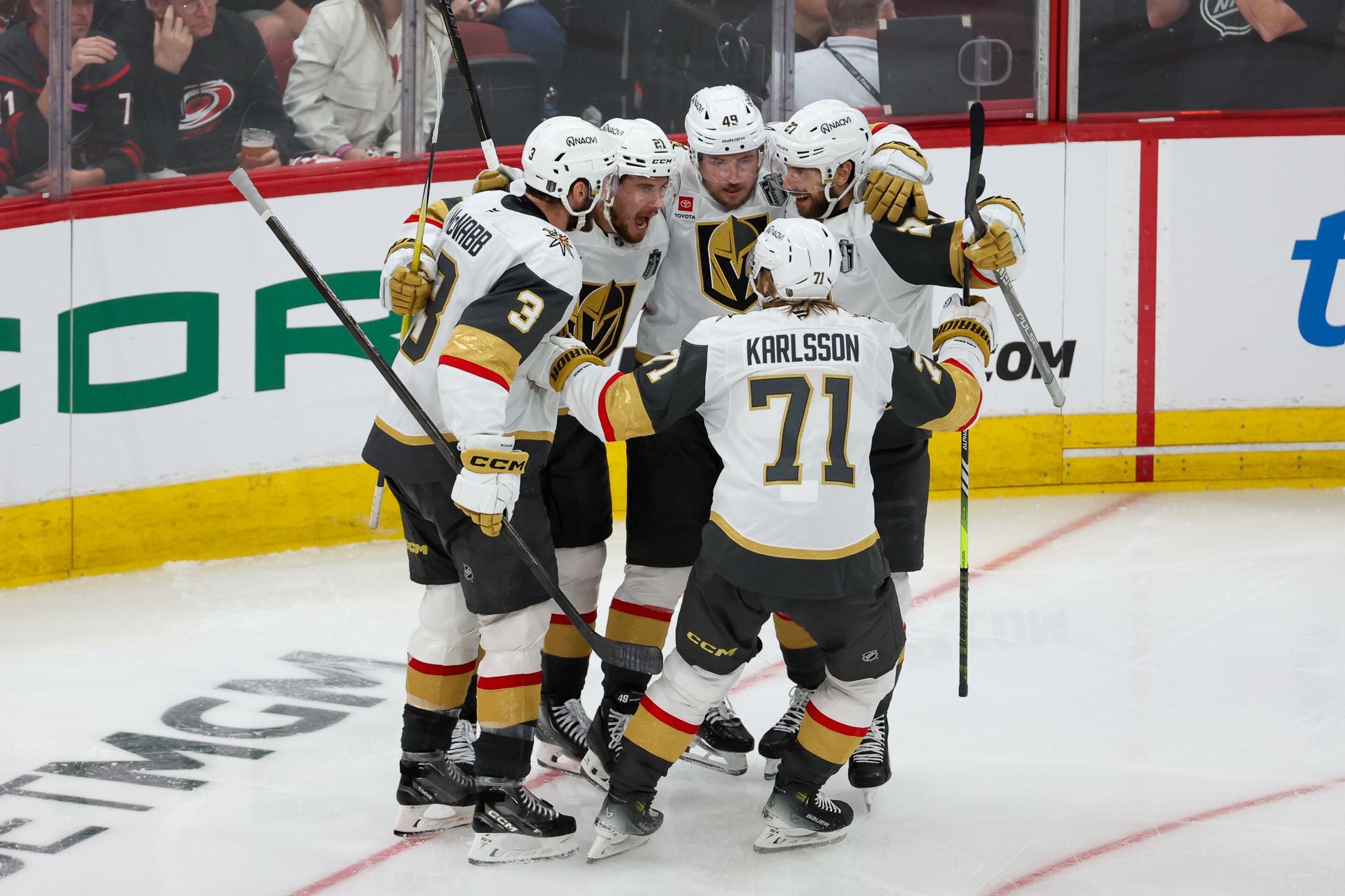 RALEIGH, NC - JUNE 02: The Vegas Golden Knights celebrate the goal during game one of the NHL Stanley Cup Final between the Vegas Golden Knights and the Carolina Hurricanes on June 2, 2026 at Lenovo Center in Raleigh, North Carolina. (Photo by Nicholas Faulkner/Icon Sportswire via Getty Images)