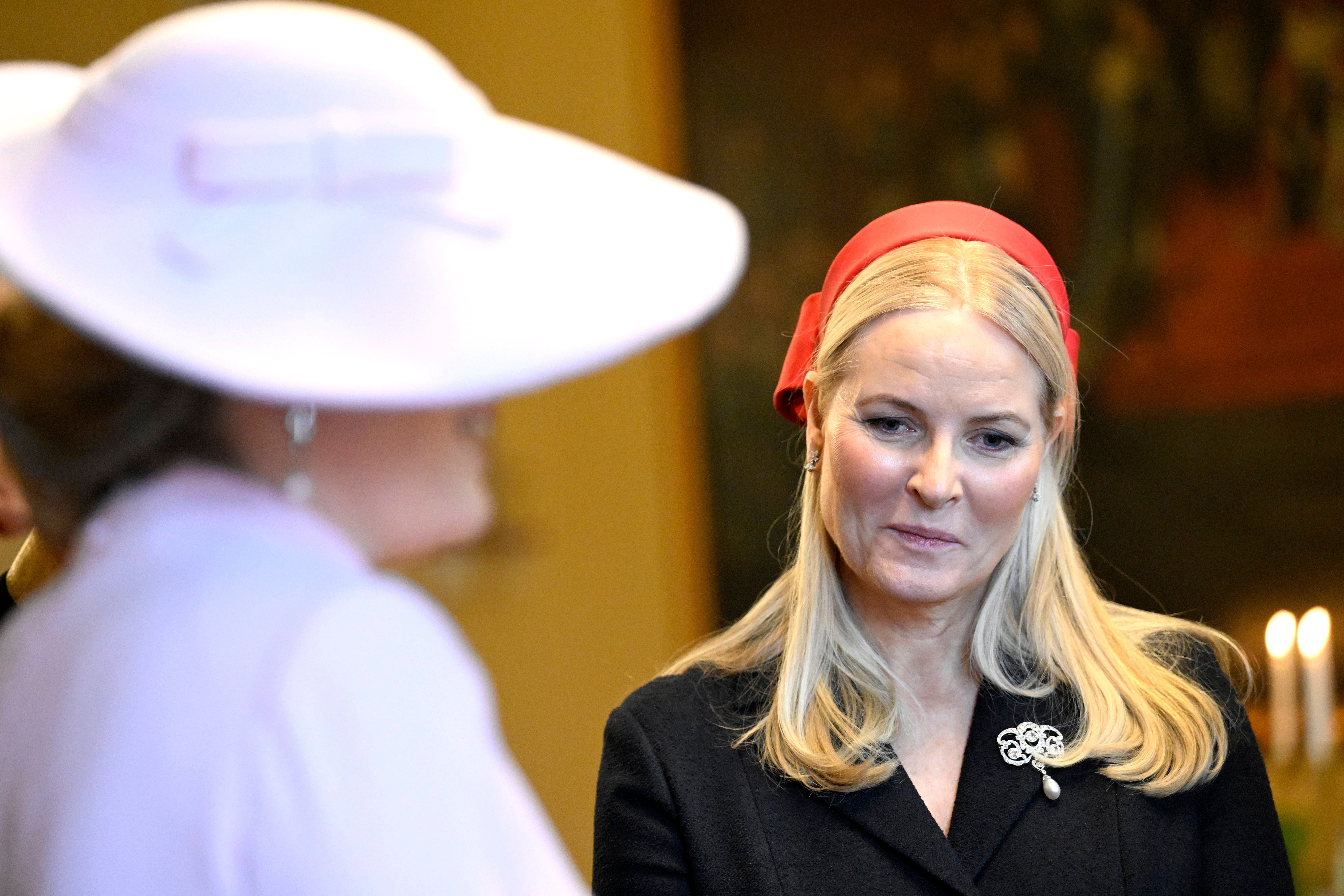 OSLO, NORWAY - MARCH 24 : official photo in the Birds Room of Princess Mette-Marit Tjessem Høiby of Norway pictured during the official state visit in Norway of the Belgian Sovereins on March 24, 2026 in Oslo, Norway, 24/03/2026 ( Photo by Didier Lebrun / Photonews via Getty Images)