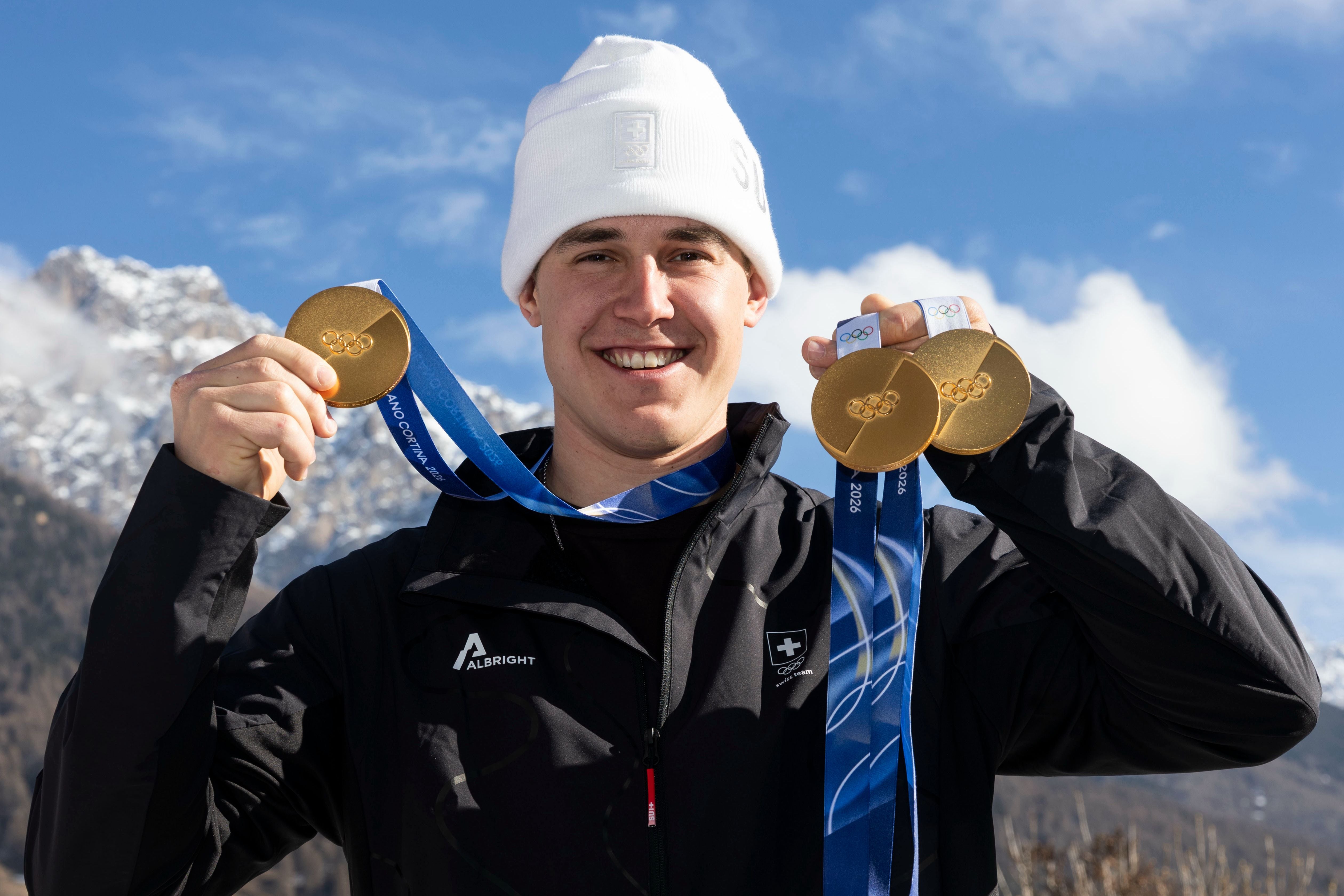 BORMIO,ITALY,12.FEB.26 - OLYMPICS, ALPINE SKIING - Winter Olympic Games Milano Cortina 2026, Franjo von Allmen, medal photo shoot. Image shows Franjo von Allmen (SUI). Keywords: medal. Photo: GEPA pictures/ Wolfgang Grebien