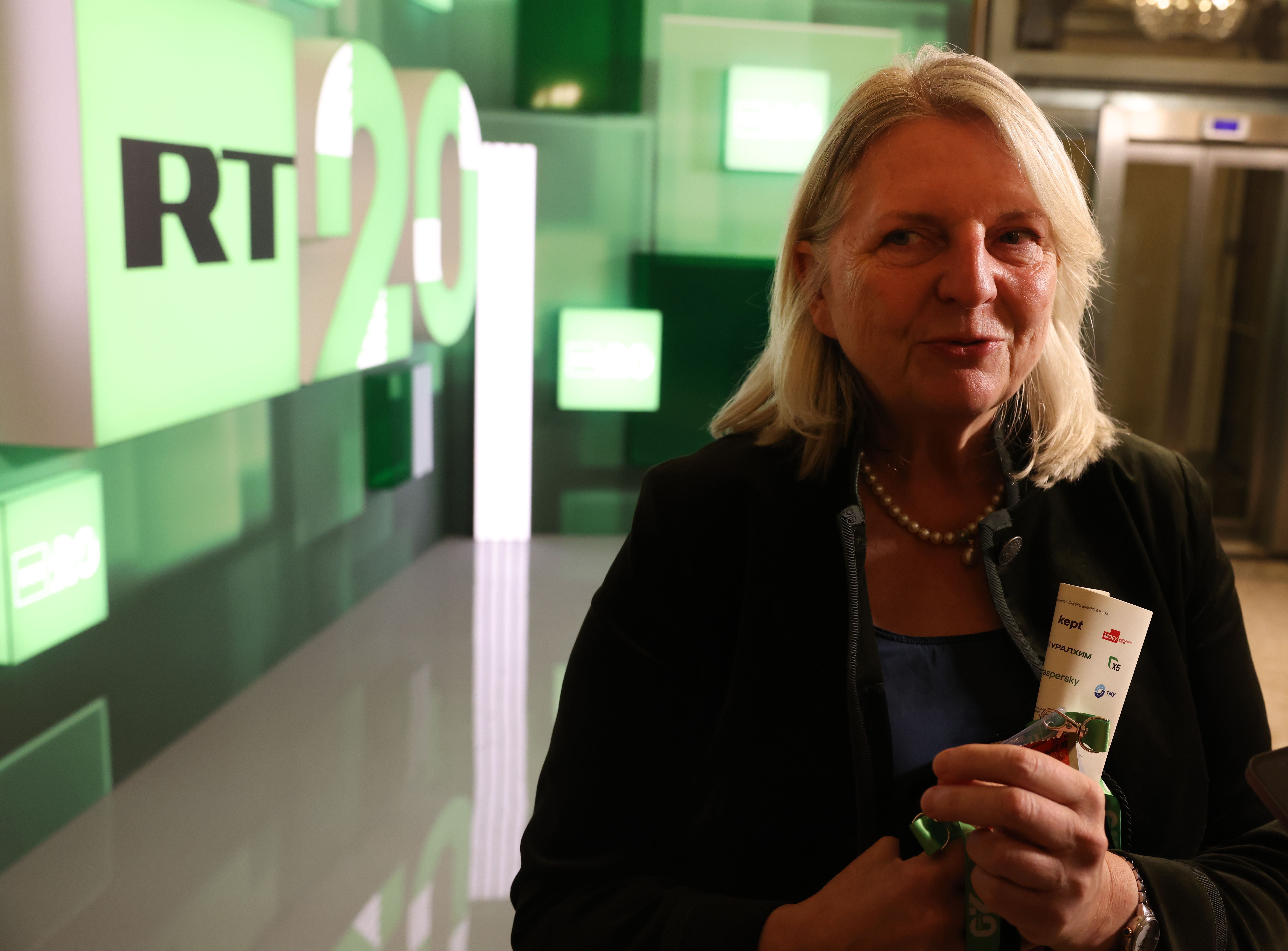 MOSCOW, RUSSIA - OCTOBER 17 (RUSSIA OUT) Former Austrian Foreign Affairs Minister Karin Kneissl talks to a journalist prior to the concert, marking the 20th Anniversary of RT Channel at Bolshoi Theater on October 17, 2025 in Moscow, Russia. The event marked the 20th anniversary of RT, the Russian state-controlled television network previously known as Russia Today. (Photo by Contributor/Getty Images)