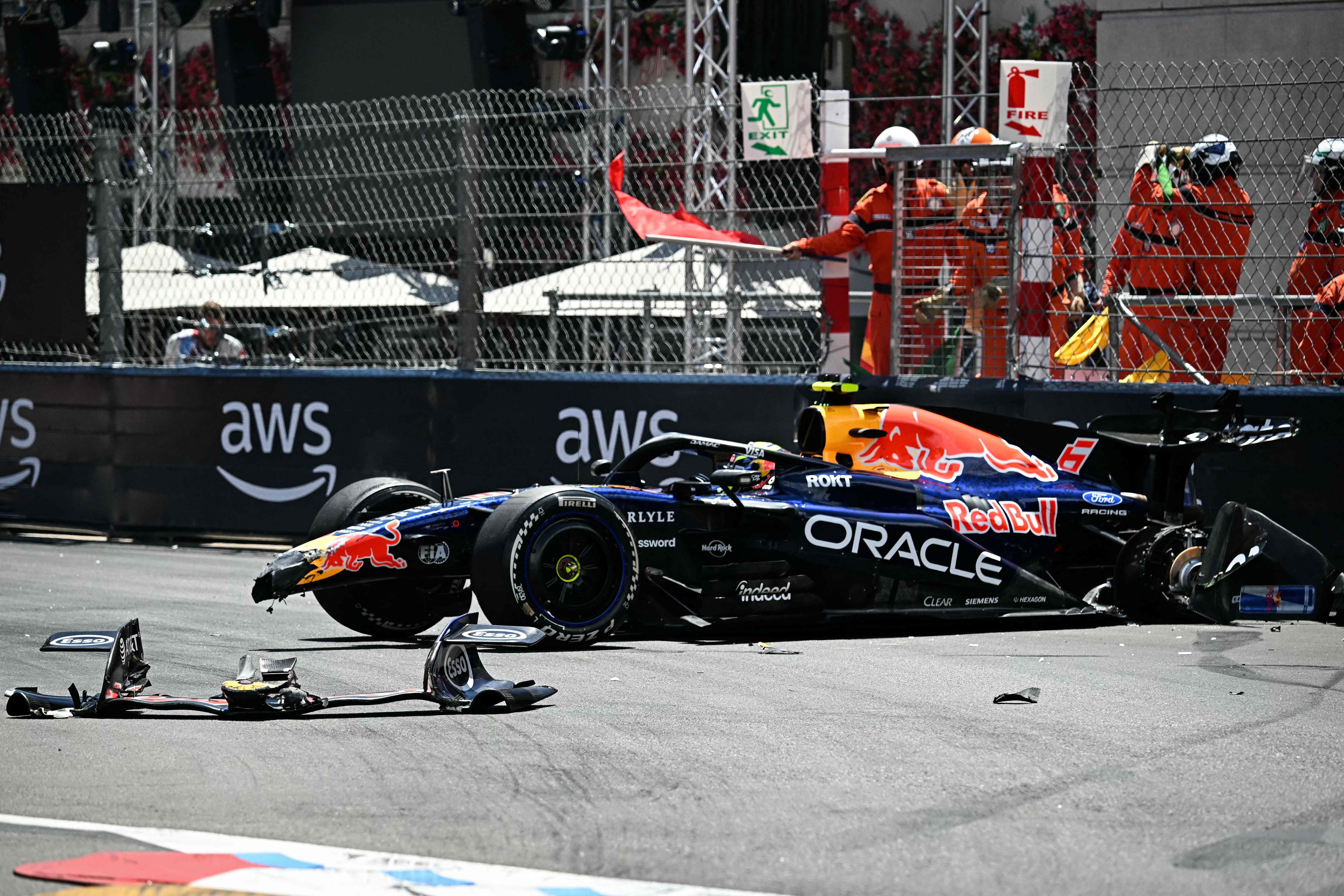 Red Bull Racing's French driver Isaac Hadjar crashes during the first practice session at the Monaco street circuit in Monaco, ahead of the Monaco Formula 1 Grand Prix, on June 5, 2026. (Photo by Gabriel BOUYS / AFP)