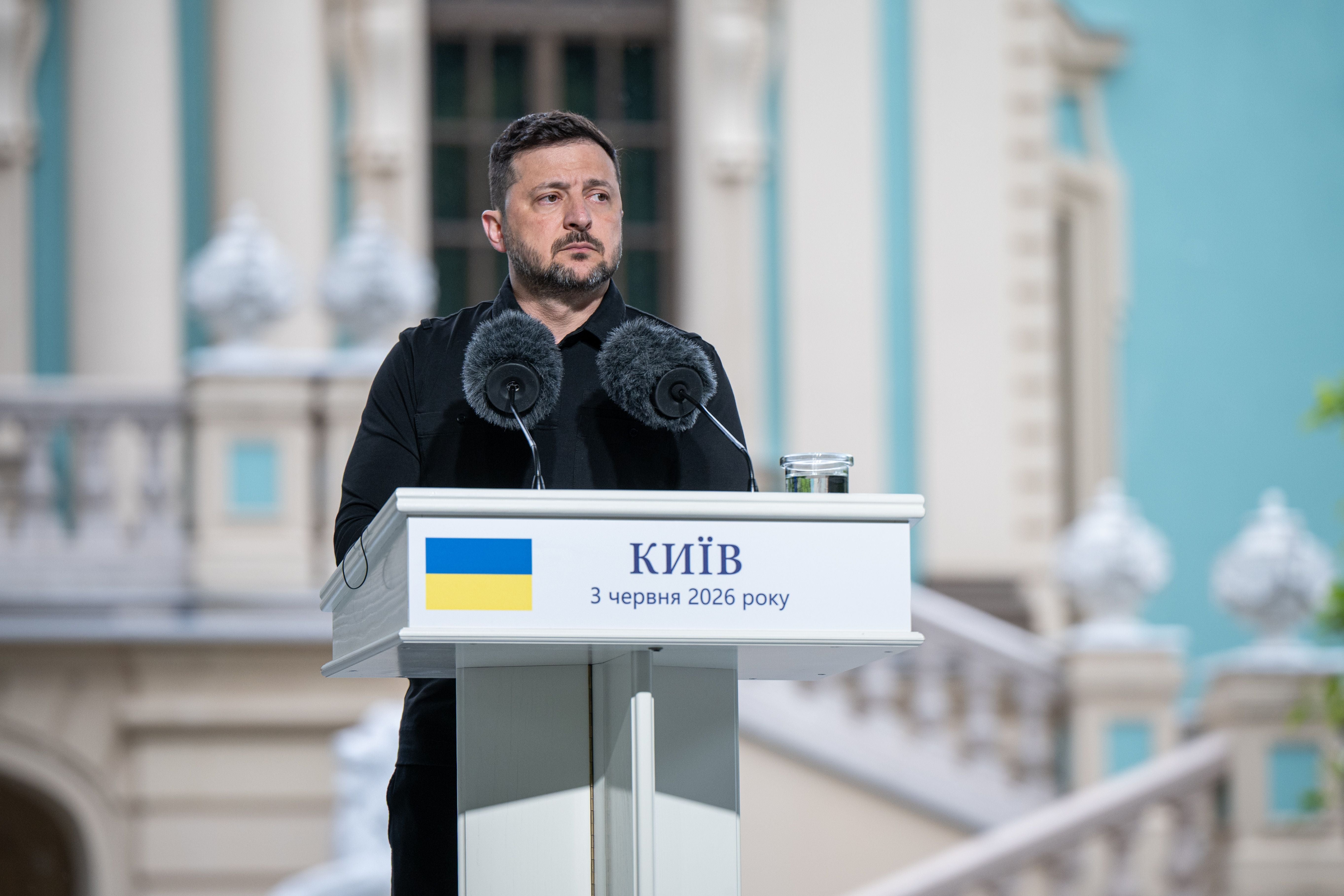 KYIV, UKRAINE - JUNE 3: Ukrainian President Volodymyr Zelenskyy and NATO Secretary 'General 'Mark Rutte (not seen) hold a joint press conference in Kyiv, Ukraine, on June 3, 2026. (Photo by Danylo Antoniuk/Anadolu via Getty Images)