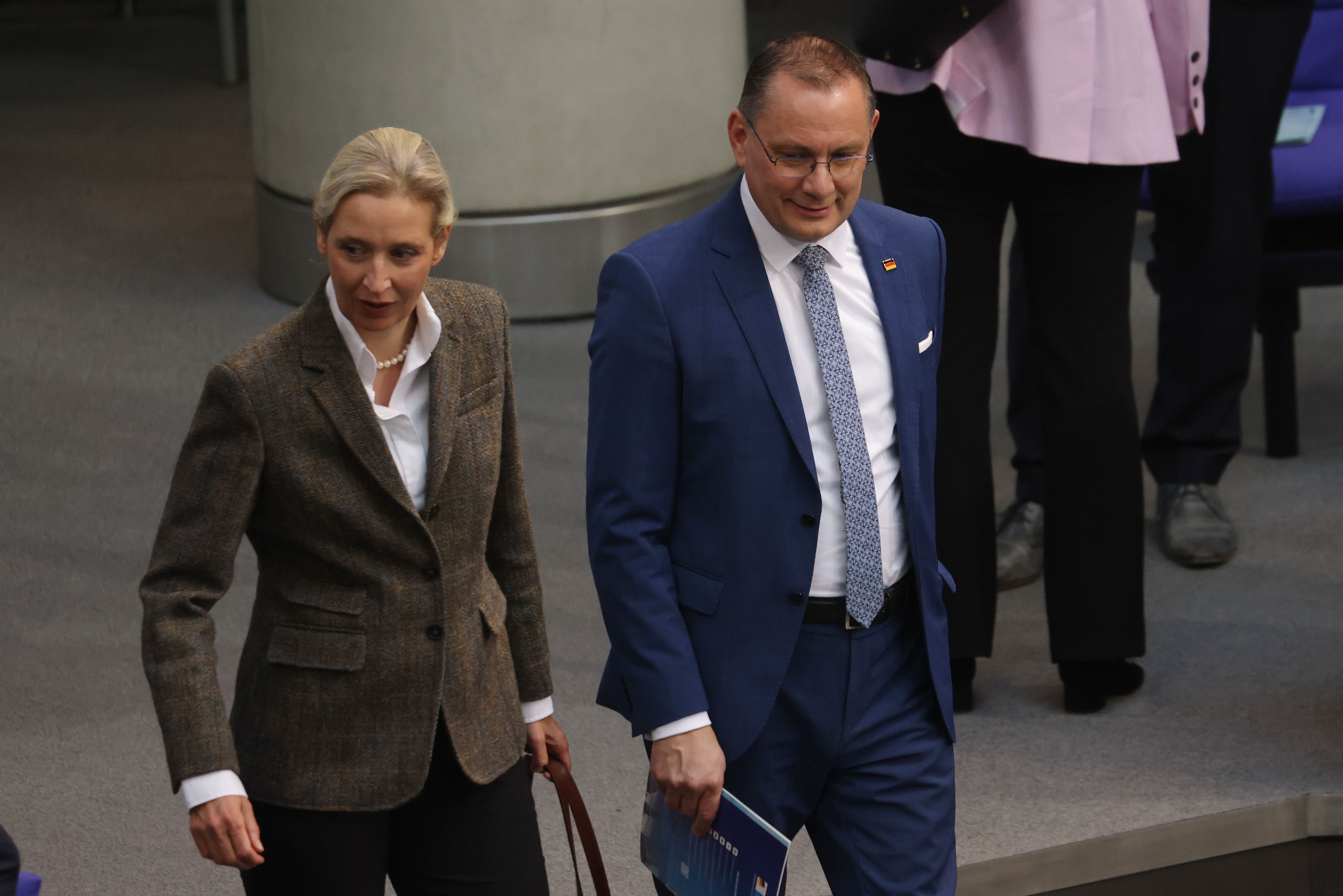 BERLIN, GERMANY - MARCH 18: Alternative fuer Deutschland or AFD leaders Alice Weidel and Tino Chrupalla arrive before a government declaration at the Bundestag ahead of a meeting of the European Council in Brussels on March 18, 2026 in Berlin, Germany. The European Council will meet as the U.S.-Israeli conflict with Iran continues. (Photo by Michele Tantussi/Getty Images)