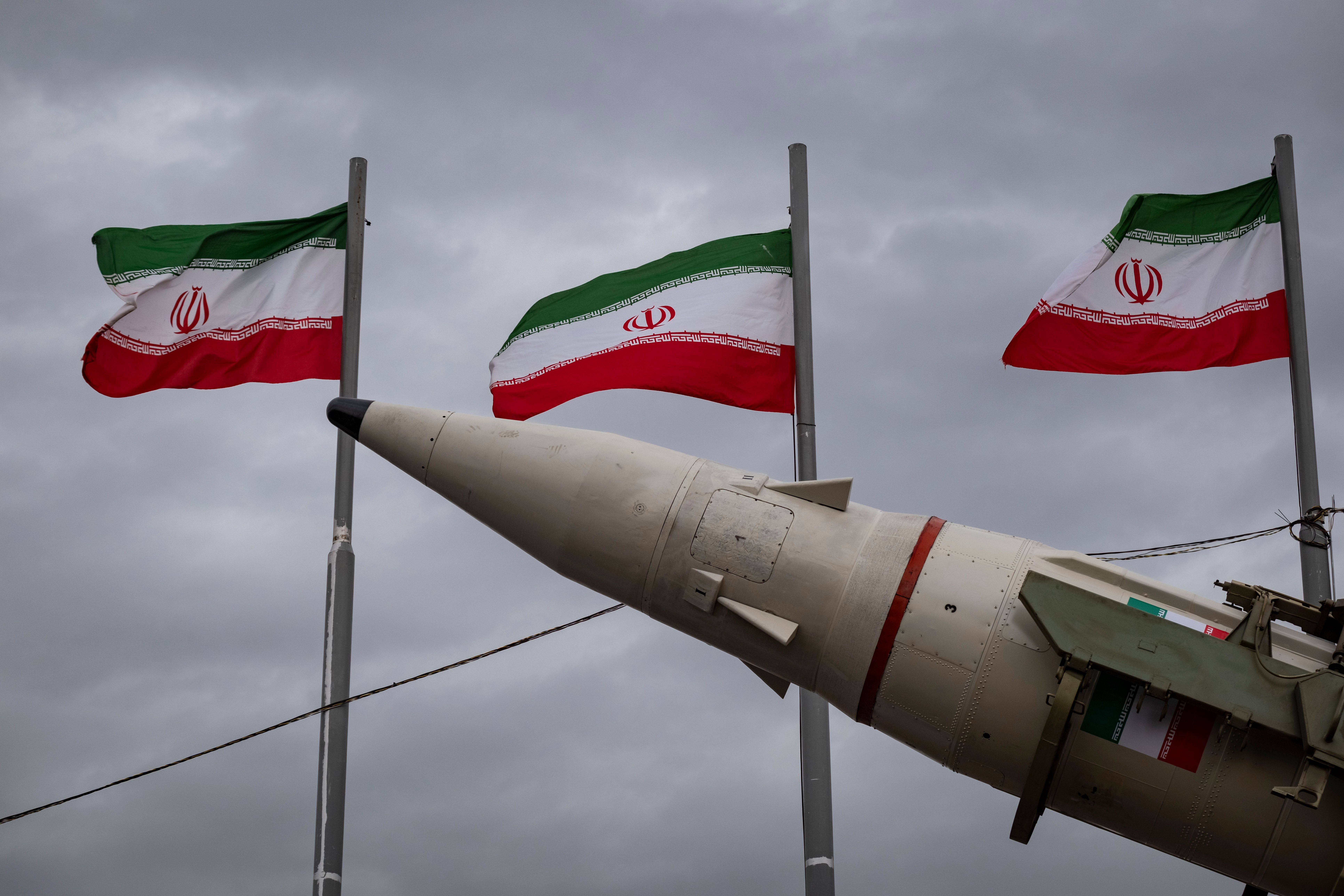 An Iran-made ballistic missile is displayed during a rally commemorating the 47th anniversary of the Islamic Revolution's victory in Azadi (Freedom) Square in western Tehran, Iran, on February 11, 2026. (Photo by Morteza Nikoubazl/NurPhoto via Getty Images)