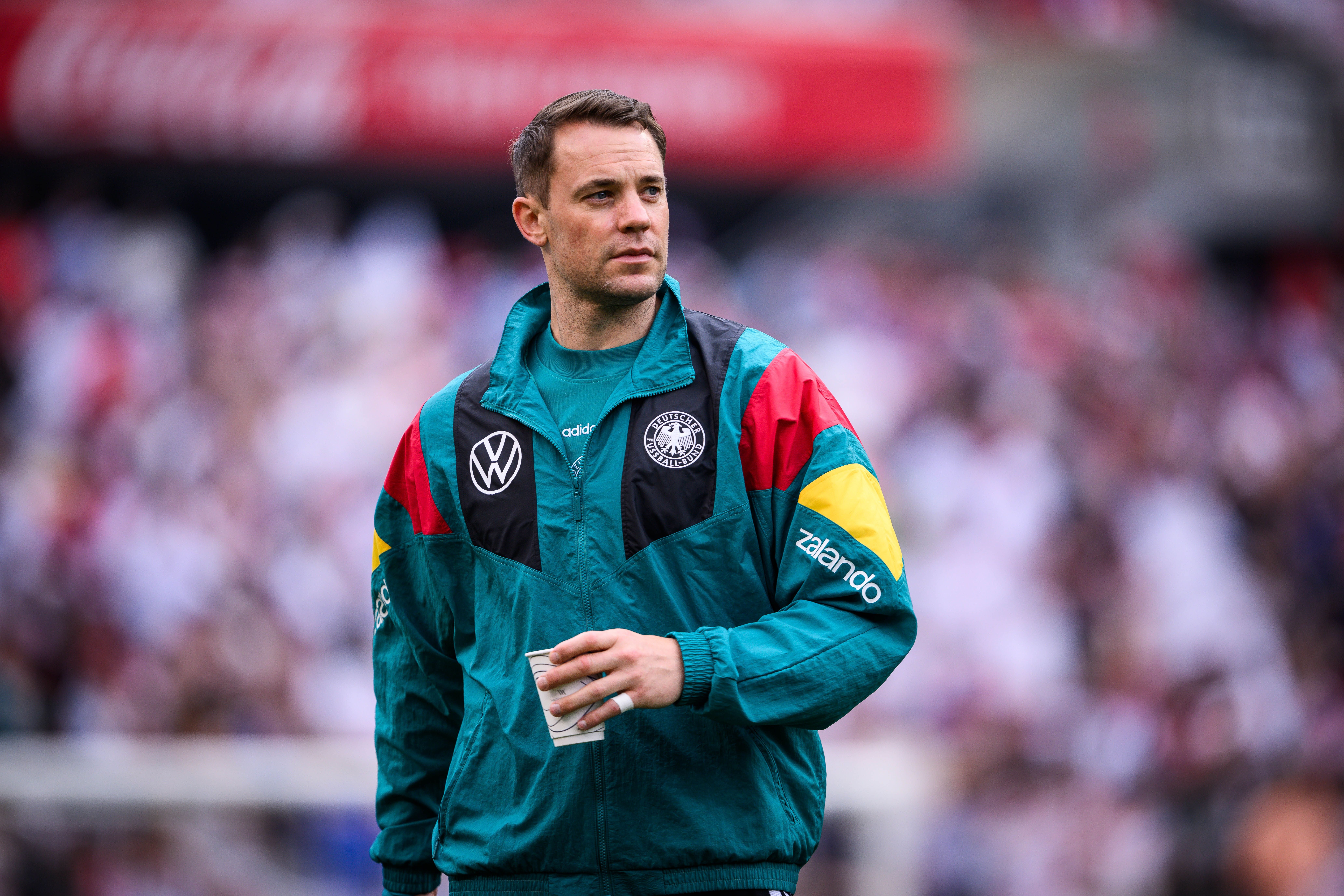 CHICAGO, ILLINOIS - JUNE 06: Manuel Neuer of Germany looks on prior to the international friendly match between United States and Germany at Soldier Field on June 06, 2026 in Chicago, Illinois. (Photo by Marvin Ibo Guengoer - GES Sportfoto/Getty Images)