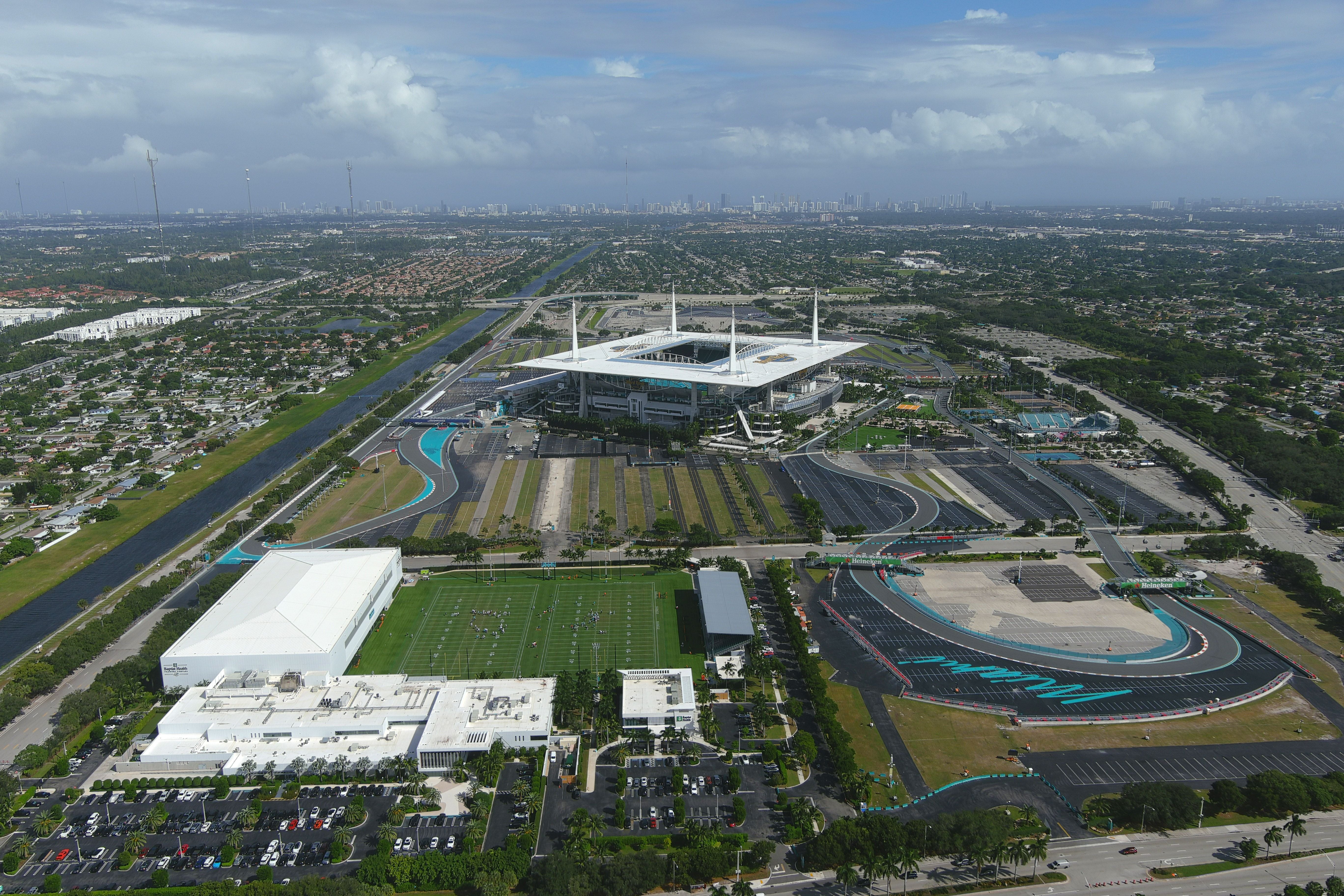 MIAMI GARDENS, FLORIDA - OCTOBER 30: A general overall aerial view of Hard Rock Stadium, the Miami Dolphins headquarters and practice facility at the Baptist Health Training Complex and Formula 1 Grand Prix racetrack on October 30, 2024 in Miami Gardens, Florida. (Photo by Kirby Lee/Getty Images)