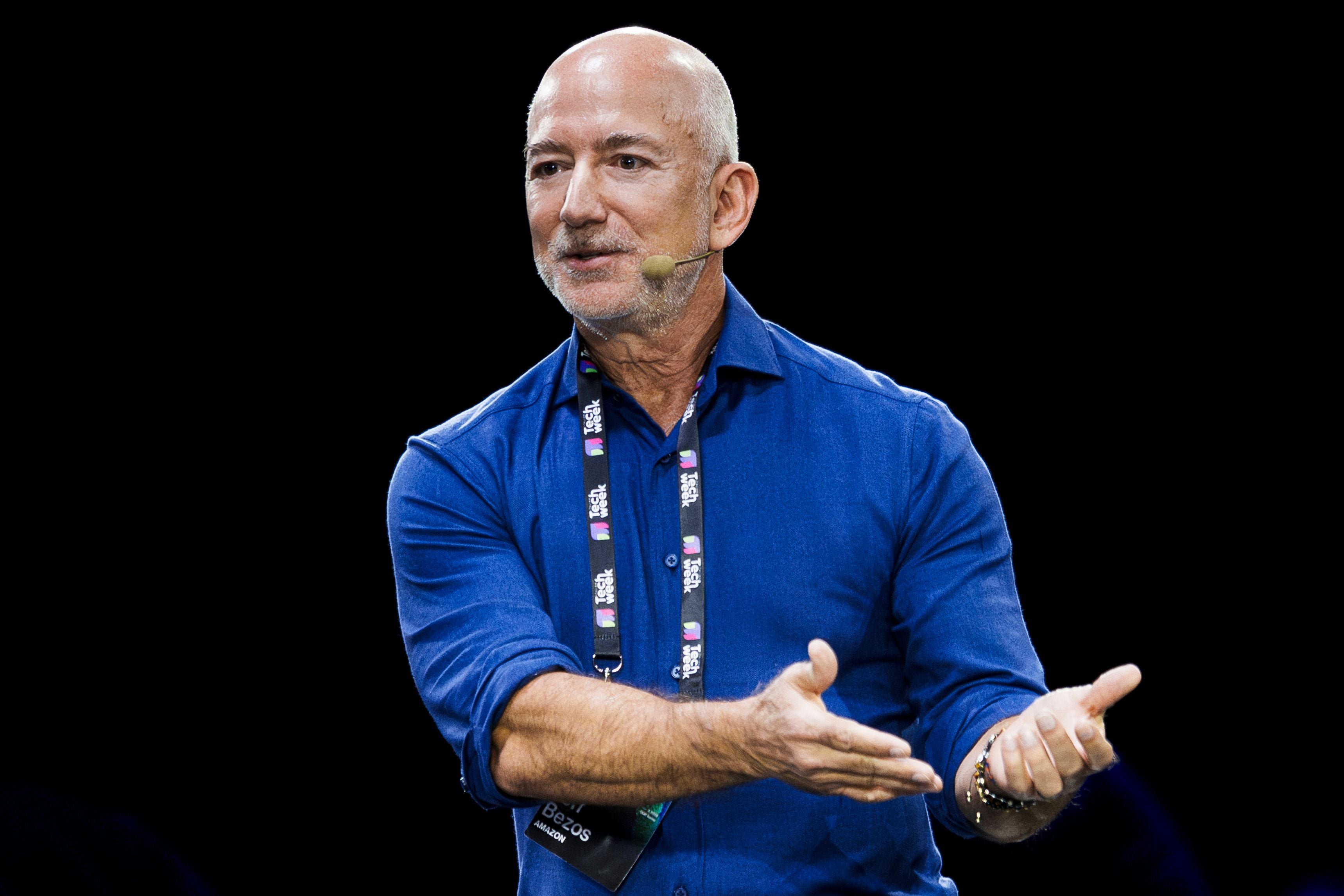 OGR, TURIN, ITALY - 2025/10/03: Jeff Bezos, founder of Amazon, speaks on stage during the Italian Tech Week 2025. The Italian Tech Week is one of the most important technology events in Europe and it brings together over 15000 participants and more than 150 international speakers to discuss the latest developments in AI, space, climate, mobility, and health. (Photo by Nicolò Campo/LightRocket via Getty Images)