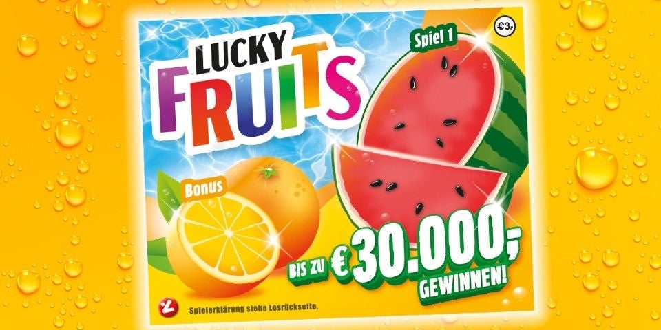 Das neue Rubbellos "Lucky Fruits" ist ab sofort in allen Annahmestellen der Österreichischen Lotterien erhältlich – mit einem Lospreis von 3 Euro, attraktiven Hauptgewinnen und jeder Menge Rubbelspaß.