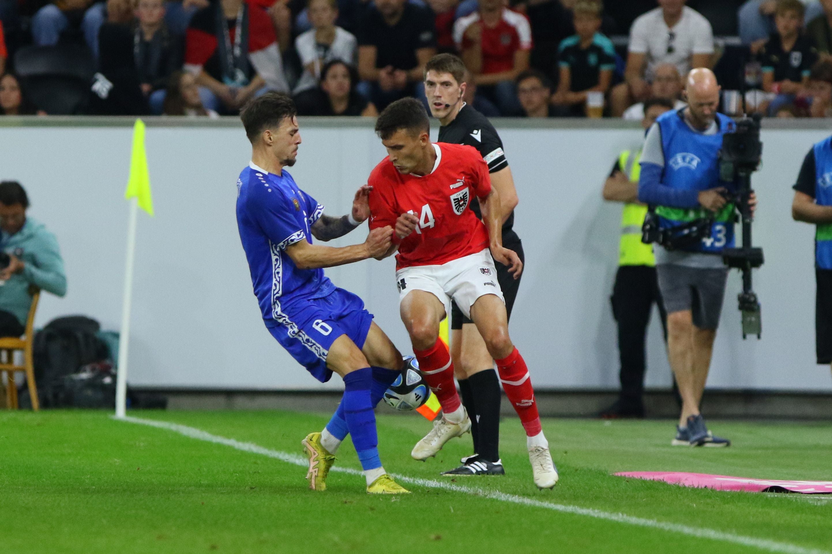 LINZ, AUSTRIA - SEPTEMBER 7: Denis Marandici of Moldova and Dejan Ljubicic of Austria during the international friendly between Austria and Moldova at Raiffeisen Arena on September 7, 2023 in Linz, Austria. (Photo by Severin Aichbauer/SEPA.Media /Getty Images)