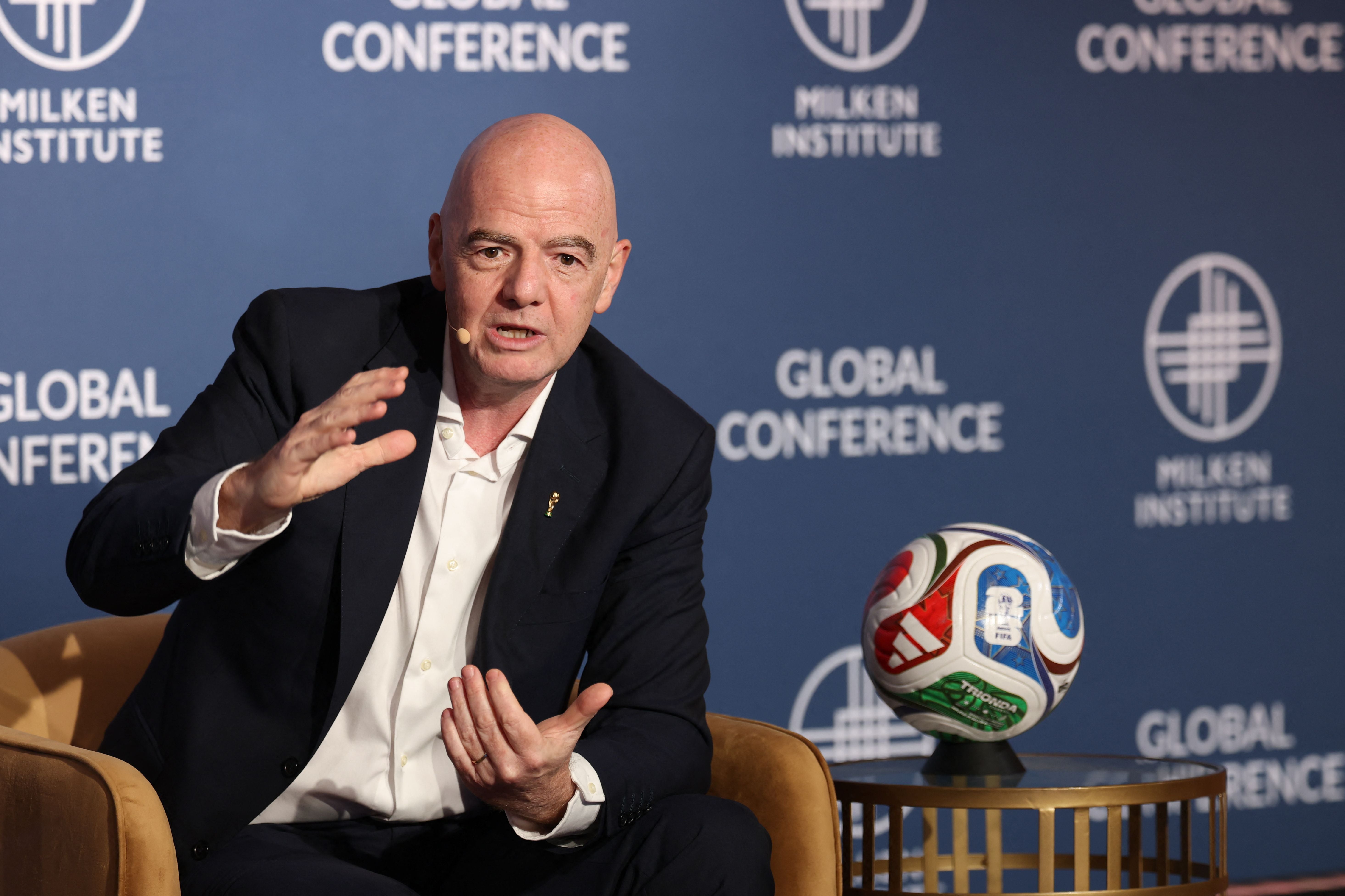 (FILES) FIFA President Gianni Infantino speaks during the 29th annual Milken Institute Global Conference at the Beverly Hilton in Beverly Hills, California on May 5, 2026. The World Cup kicks off on June 11 with FIFA betting that the enduring appeal of the greatest footballing show on earth can rise above anger at soaring ticket prices, an uneasy political climate in Donald Trump's America and the shadow of conflict in the Middle East. A record 48 teams and millions of fans are set to descend on the United States, Canada and Mexico for the first ever World Cup co-hosted by three nations, the largest and most logistically complex edition of the tournament ever staged. The action gets under way at Mexico City's iconic Estadio Azteca on June 11, with co-hosts Mexico taking on South Africa at 3:00 pm local time (1900 GMT), launching a sprawling, nearly six-week-long spectacle that will culminate in the final at New Jersey's 82,500-seat MetLife Stadium on July 19. (Photo by Patrick T. Fallon / AFP)
