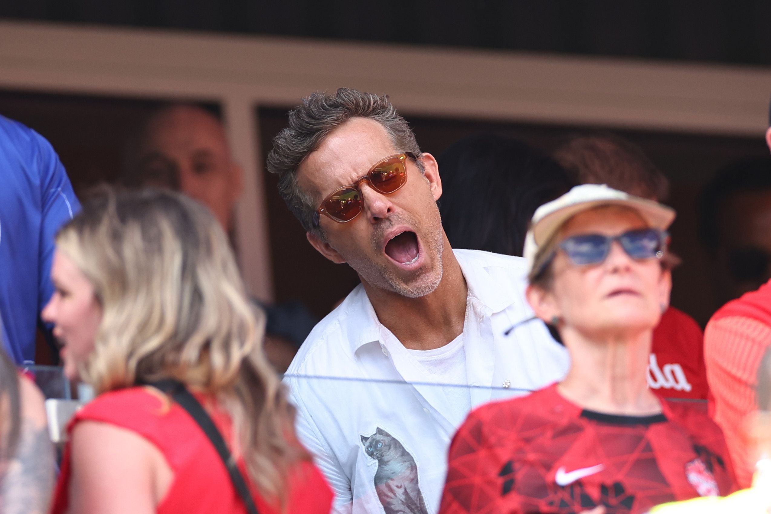 TORONTO, ONTARIO - JUNE 12: Ryan Reynolds, actor and co-owner of Wrexham reacts as he watches during the FIFA World Cup 2026 Group B match between Canada and Bosnia and Herzegovina at Toronto Stadium on June 12, 2026 in Toronto, Ontario. (Photo by Robbie Jay Barratt - AMA/Getty Images)