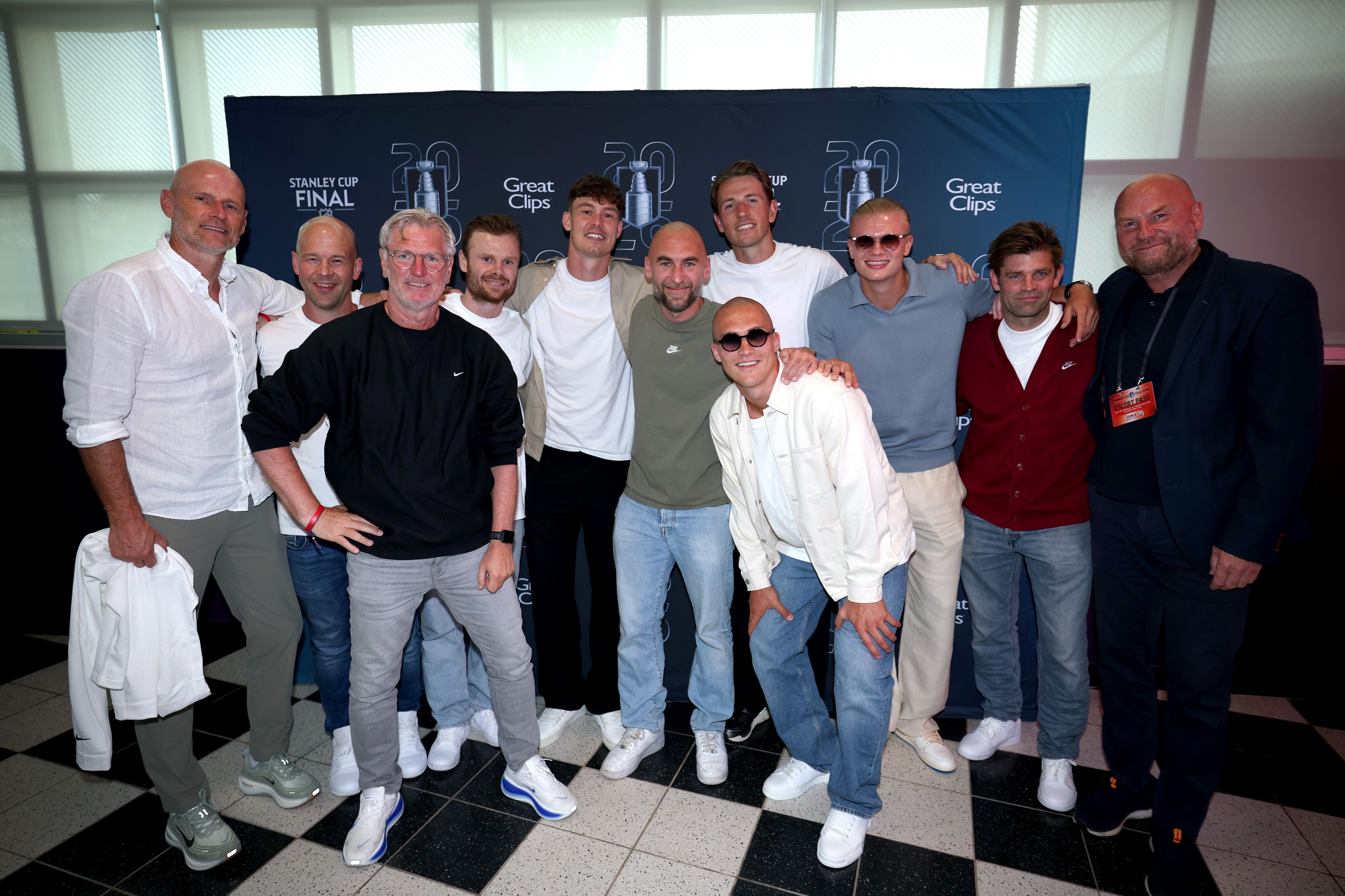 RALEIGH, NORTH CAROLINA - JUNE 11: Members of the Norwegian World Cup team pose together before Game Five of the NHL Stanley Cup Final between the Vegas Golden Knights and the Carolina Hurricanes at Lenovo Center on June 11, 2026 in Raleigh, North Carolina. (Photo by NHL Images/NHLI via Getty Images)